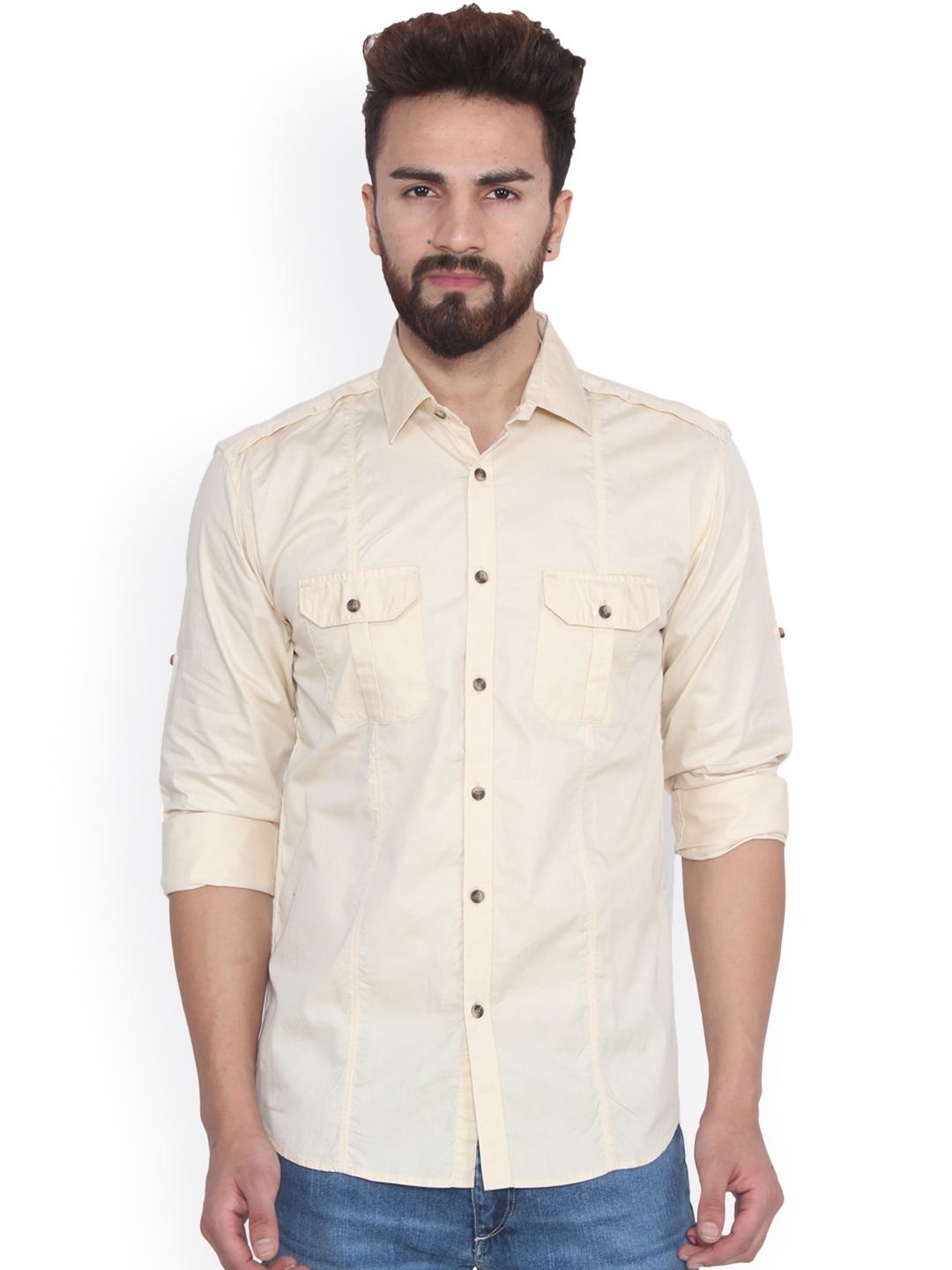Buy Hangup Men Cream Coloured Regular Fit Solid Casual Shirt - Shirts ...