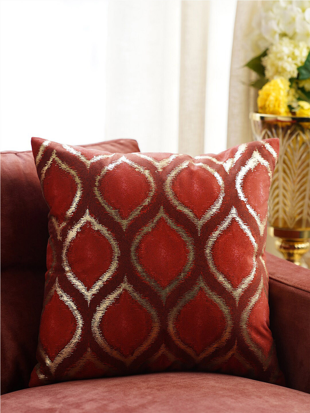 Buy Pure Home And Living Red & Gold Toned Ethnic Motifs Square Cushion