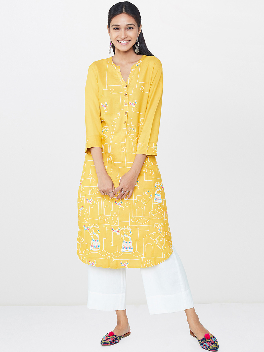 Buy Global Desi Women Mustard Yellow Printed Straight Kurta Kurtas