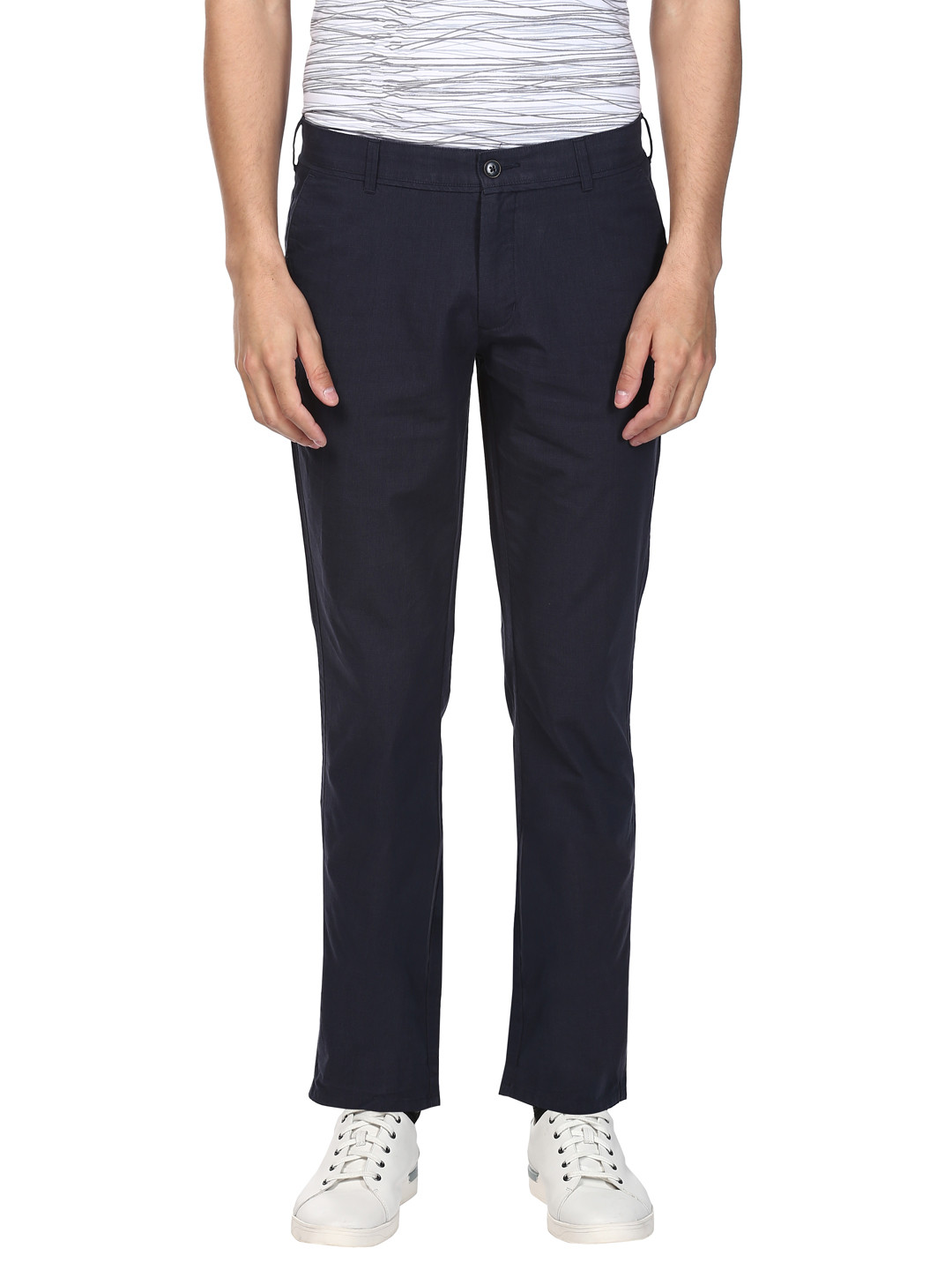 Buy ColorPlus Men Navy Blue Regular Fit Solid Regular Trousers ...