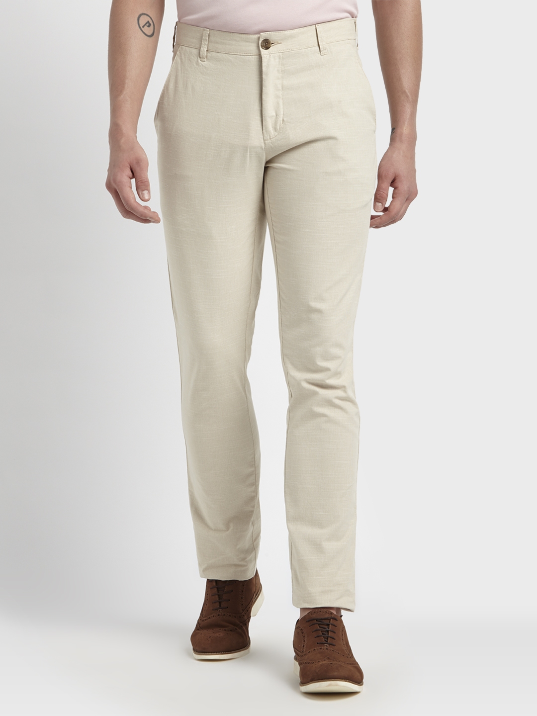 Buy ColorPlus Men Beige Regular Fit Checked Regular Trousers - Trousers ...
