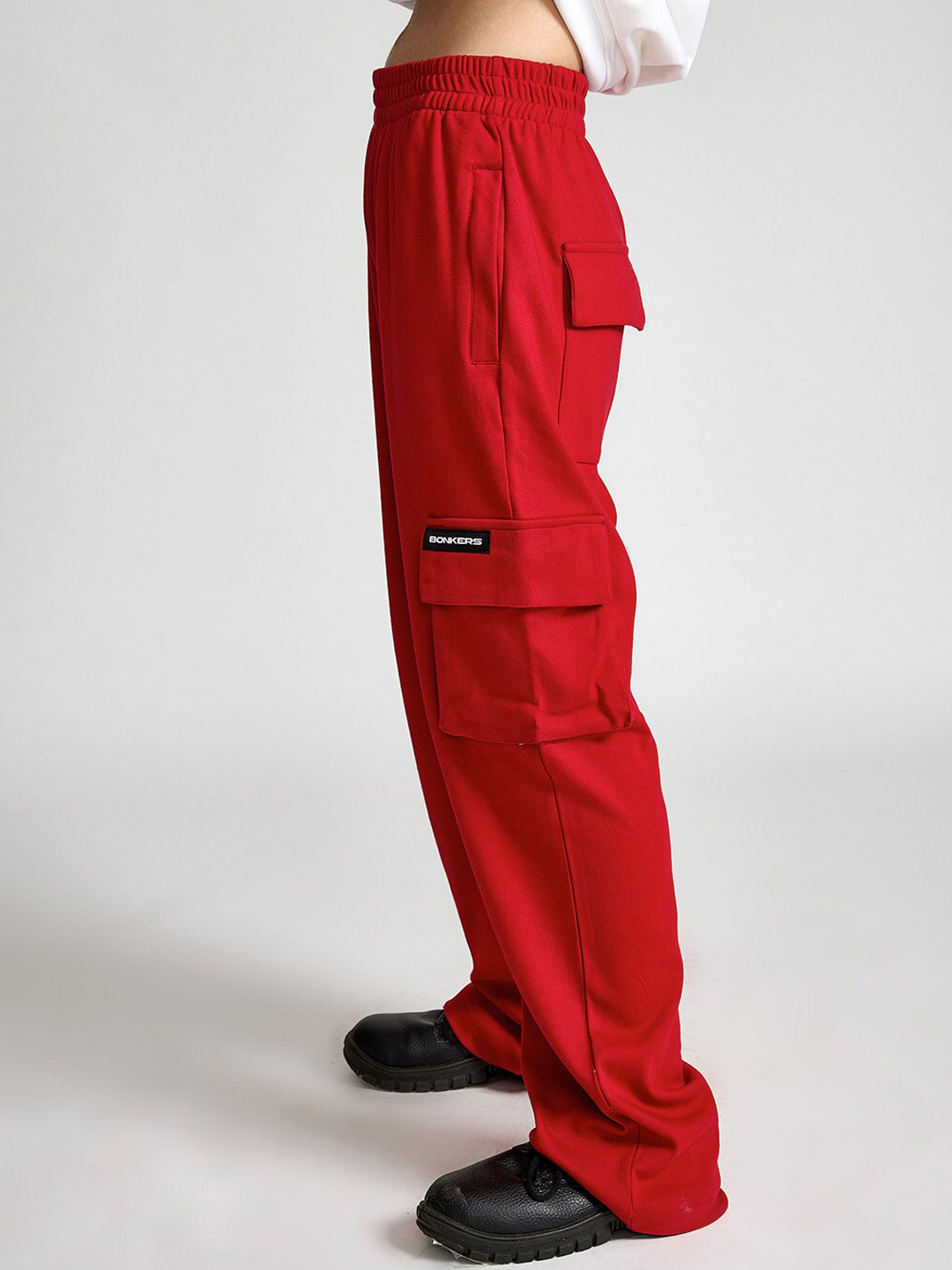 Women Red Knitted Contrast Pockets Track Pants