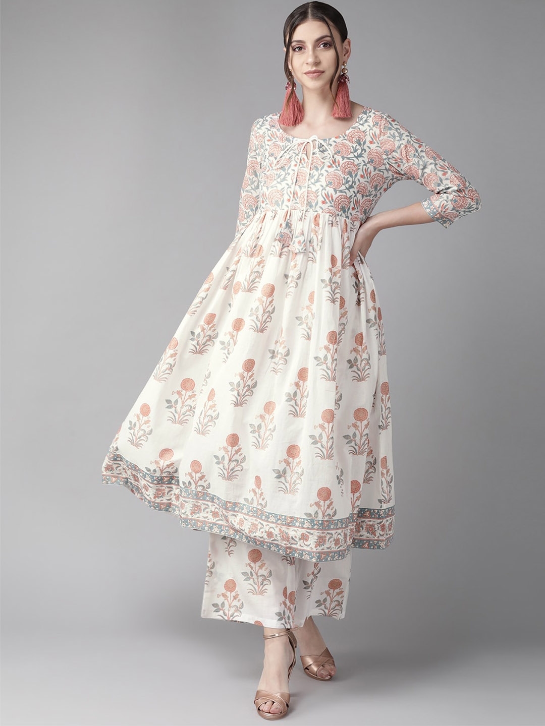 Buy Neerus Floral Printed Tie Up Neck A Line Ethnic Dresses - Ethnic