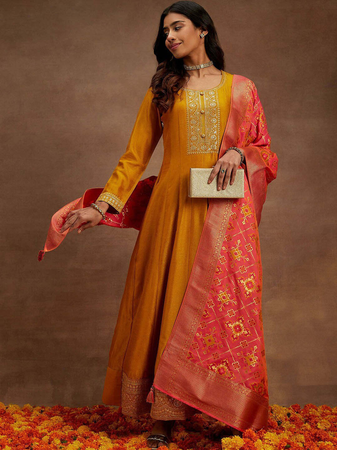 Buy Libas Mustard Yellow Floral Yoke Design Anarkali Kurta With