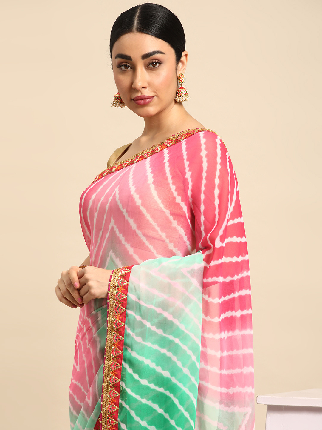 Georgette Leheriya Saree With Gotta Patti & Resham Embroidery