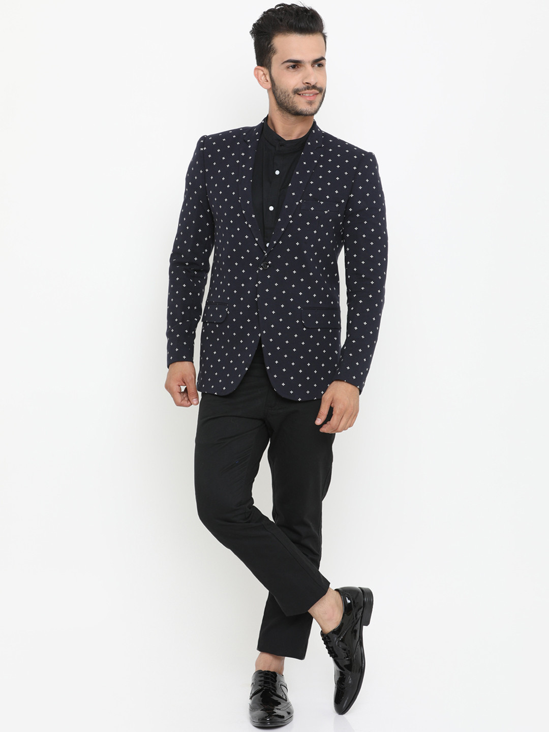 Men's White Printed Slim-Fit Single Breasted Blazer