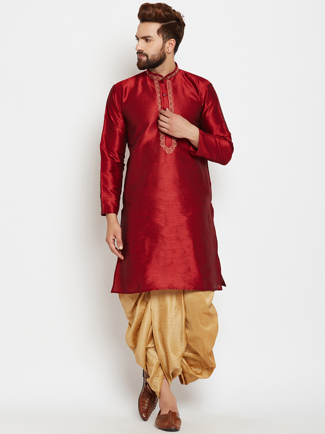 Boy'S Golden Dhoti Kurta With Maroon Waistcoat Set