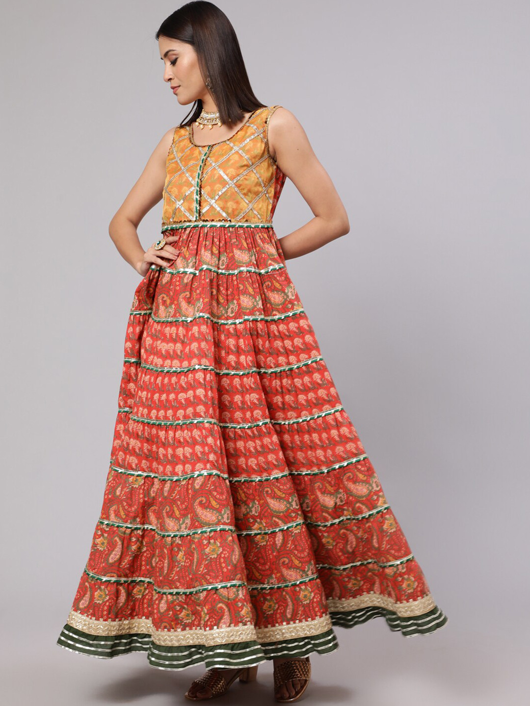 Ethnic Motifs Print Cotton A-Line Maxi Dress For Women