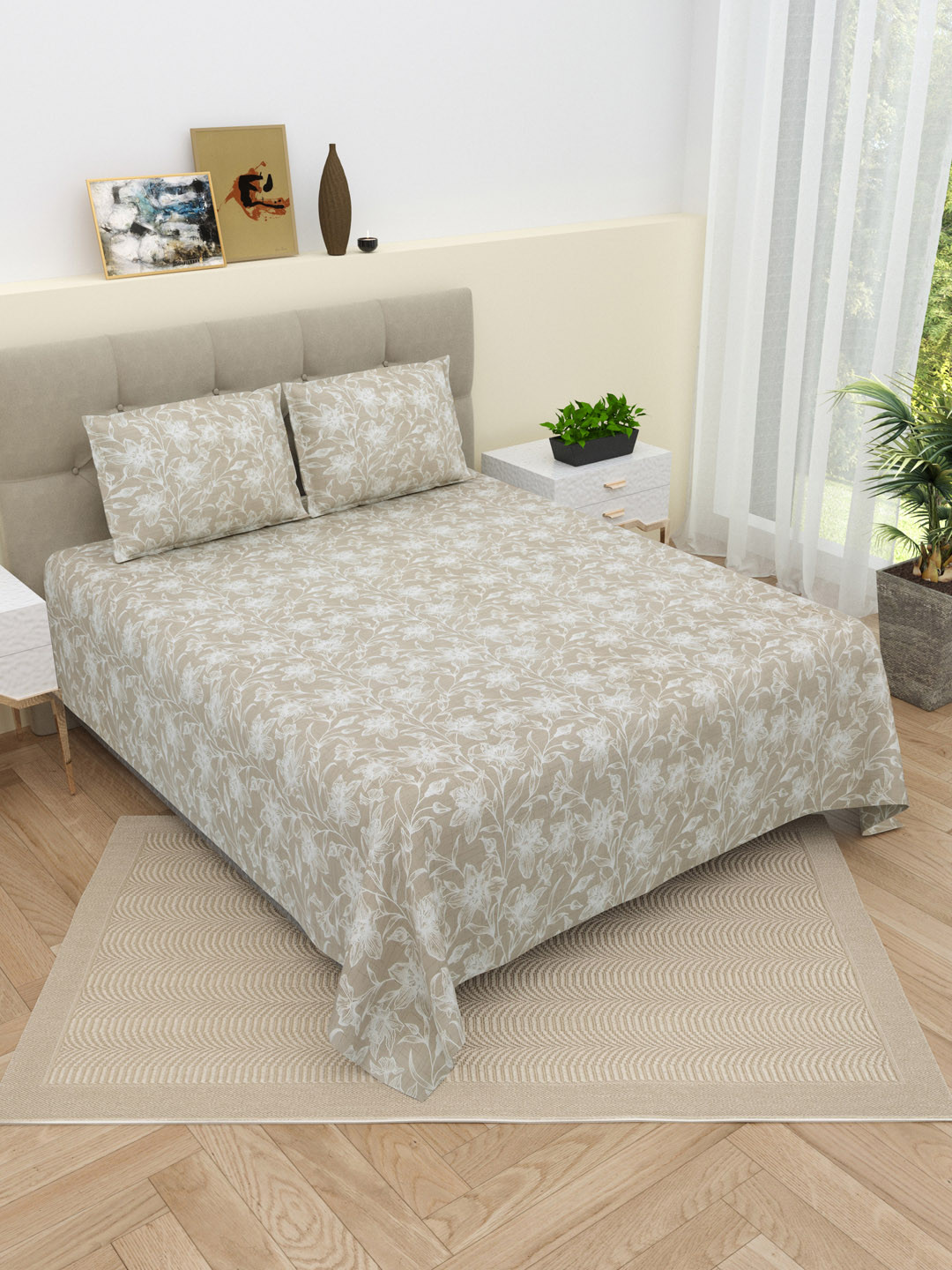 Buy DREAM WEAVERZ Beige & White Floral Pure Cotton 220 TC King Bedsheet