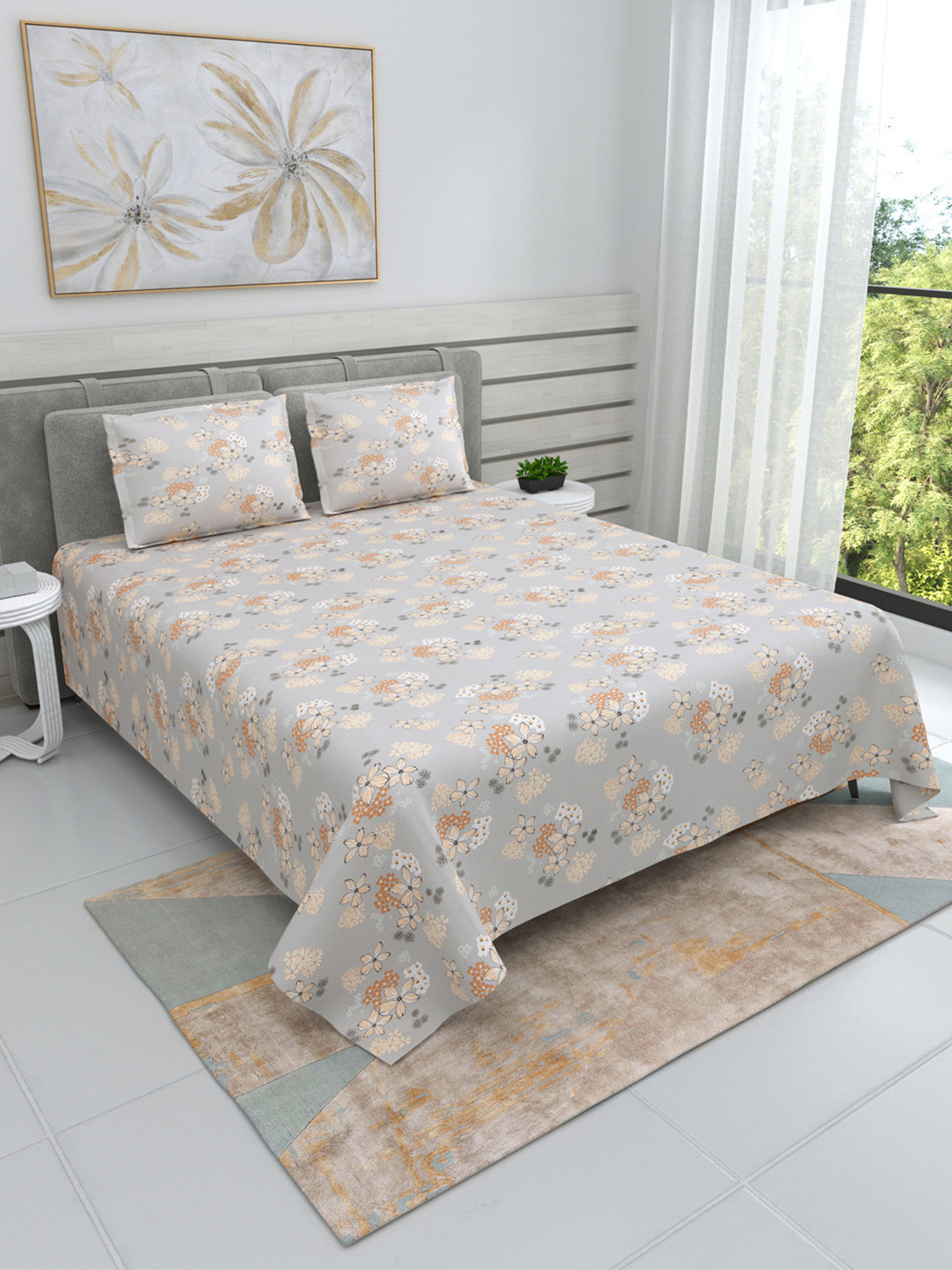 Buy DREAM WEAVERZ Grey & Beige Floral Pure Cotton 220 TC King Bedsheet
