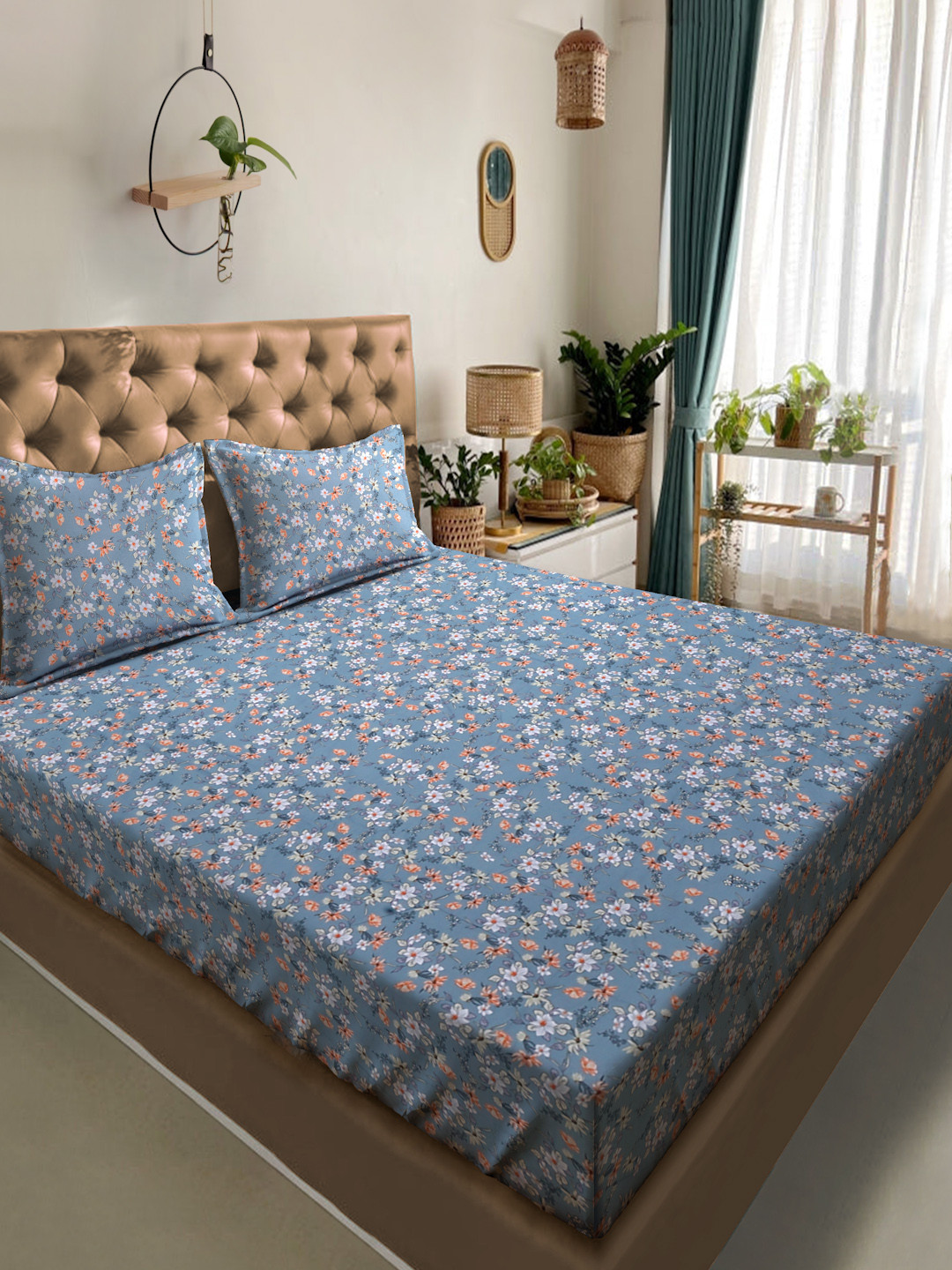 Buy DREAM WEAVERZ Blue & White Floral Pure Cotton 220 TC King Bedsheet