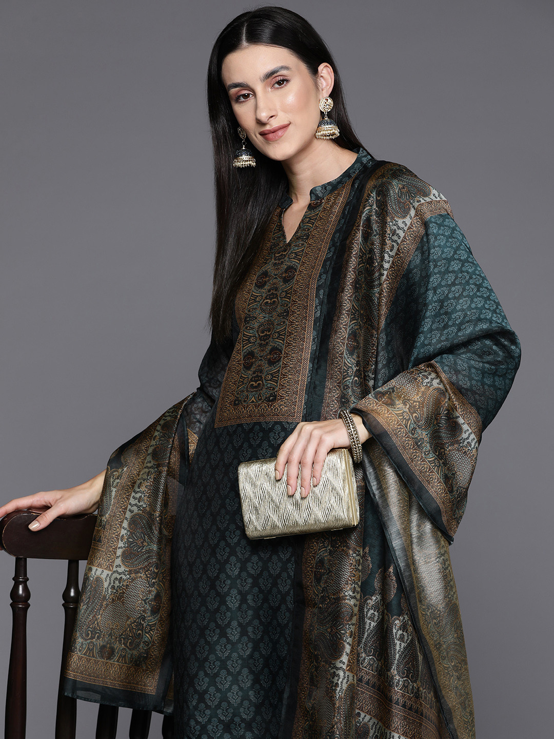 Varanga Buy Varanga Ethnic Printed Chanderi Silk Kurta With Trouser And Dupatta ...