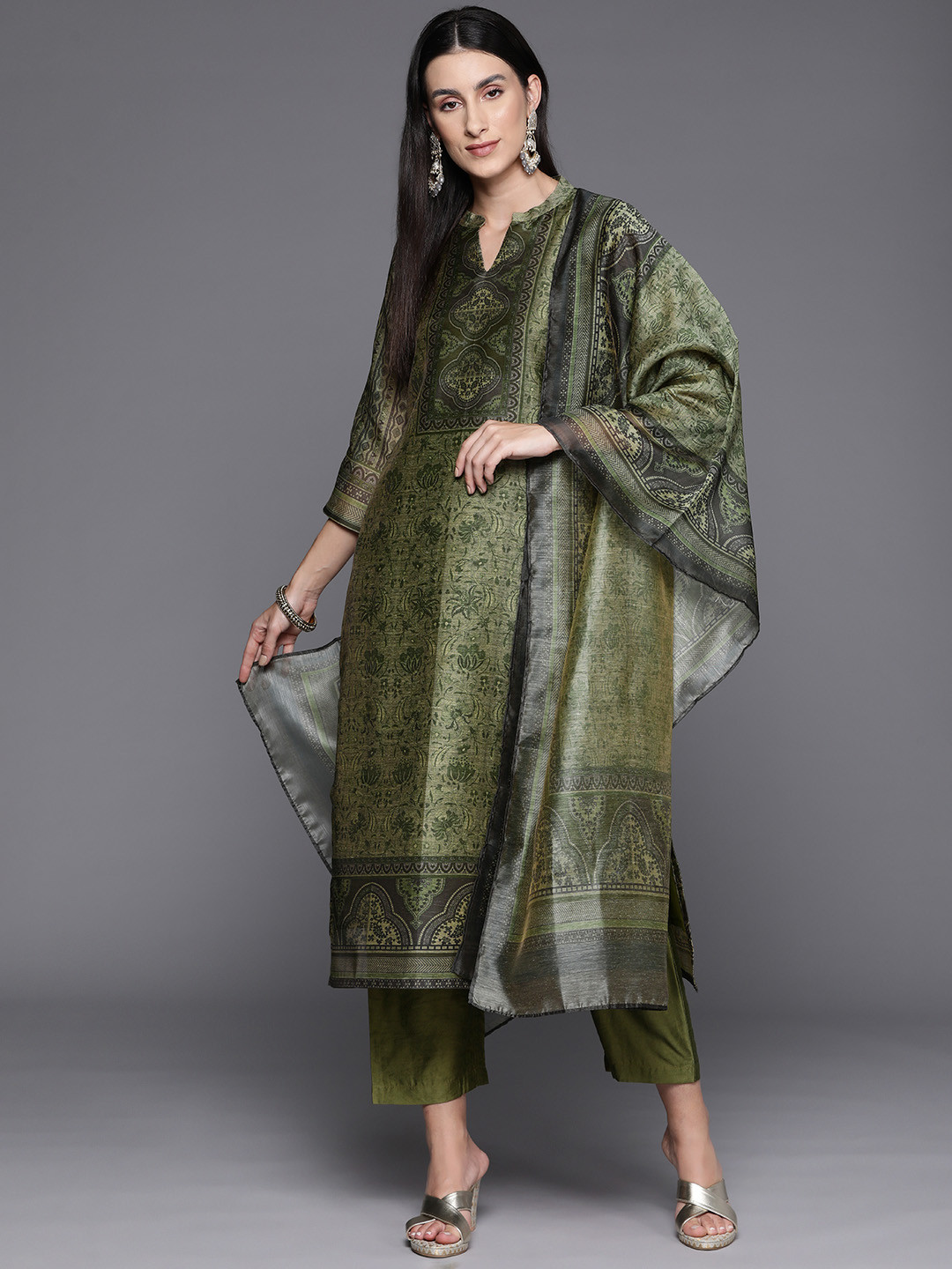 Chanderi Silk Kurta Pant And Dupatta Set In Block Print main image 1