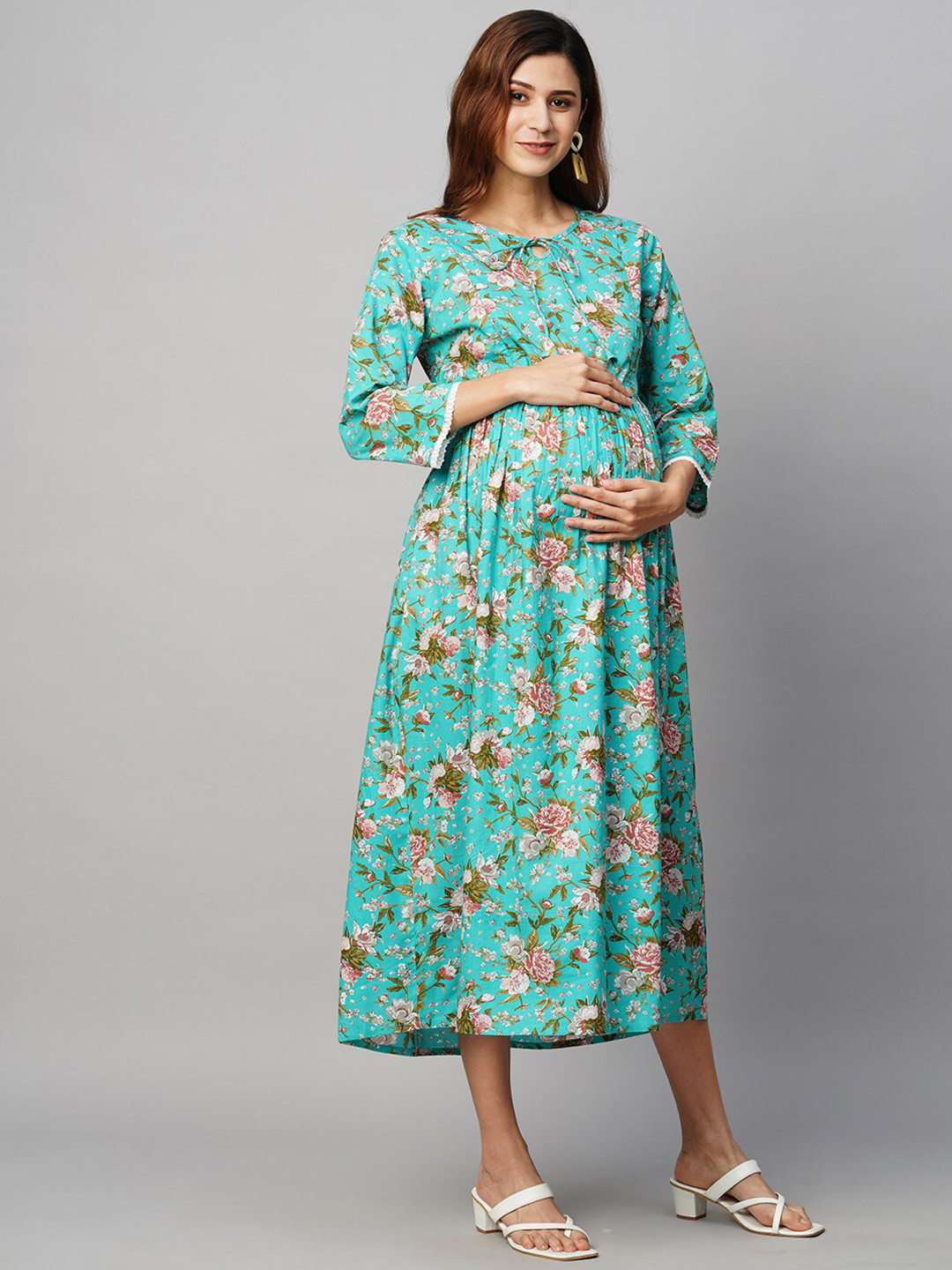 Grey Floral print cotton maternity dress
