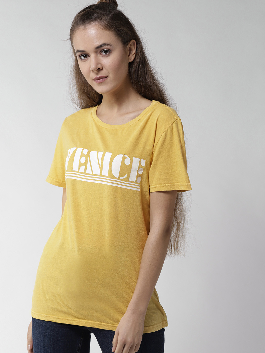 Buy FOREVER 21 Women Mustard Yellow Printed Round Neck Pure Cotton T