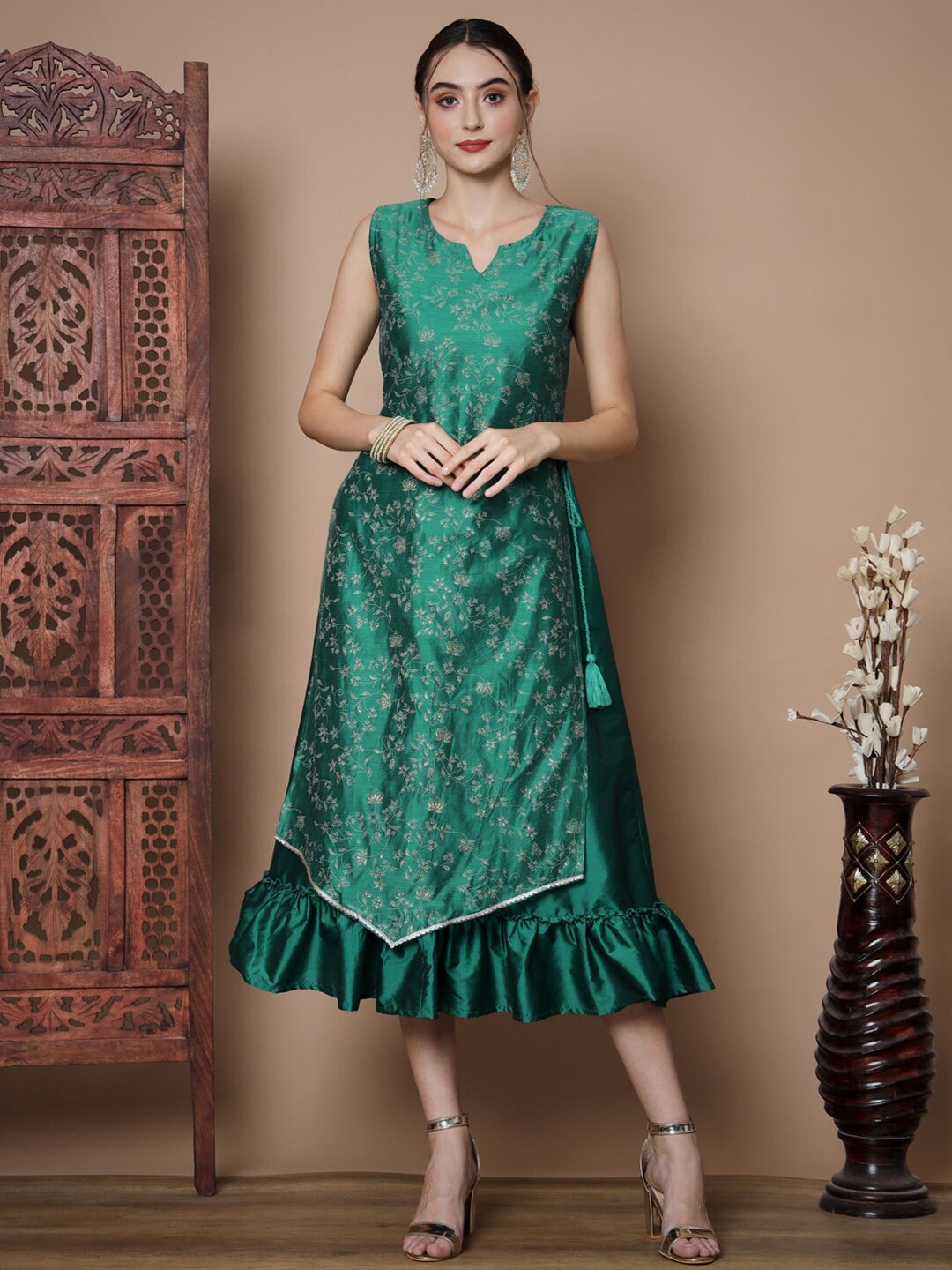 Buy KALINI Floral Printed Layered A Line Midi Ethnic Dress - Ethnic ...