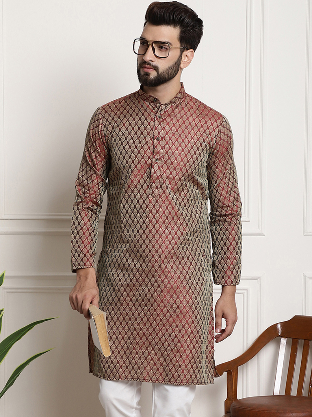 Men's Beige Band Collar Cotton Kurta with Ethnic Motifs & Embroidered Thread Work | Indiaista