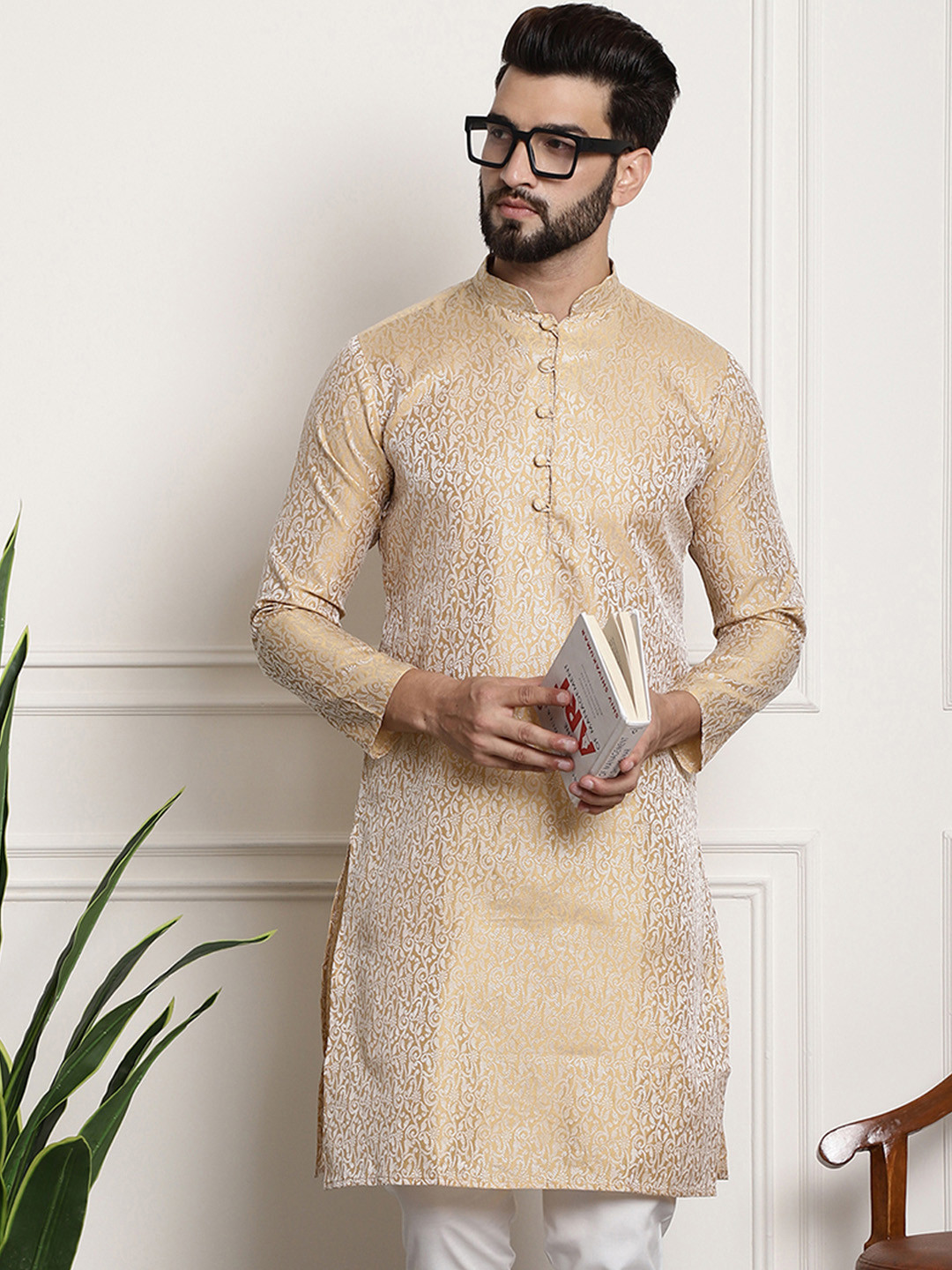 Ethnic Motifs Woven Design Mandarin Collar Kurta with Dhoti Pants main image 0
