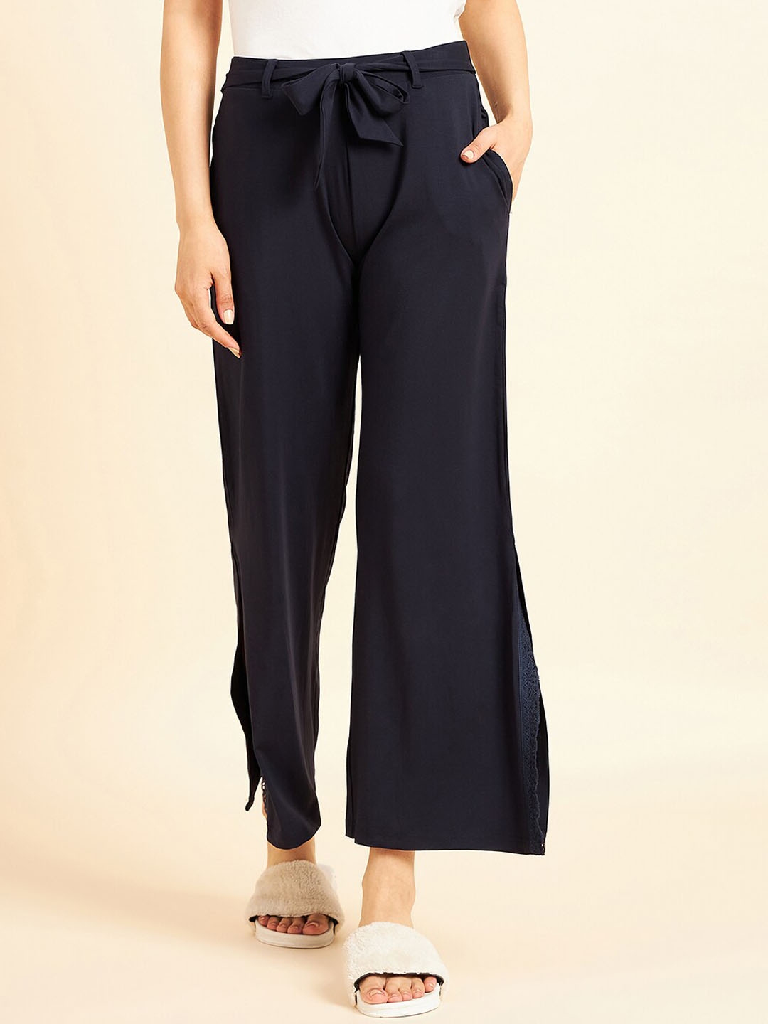Buy Sweet Dreams Women Navy Blue Mid Rise Straight Lounge Pants ...