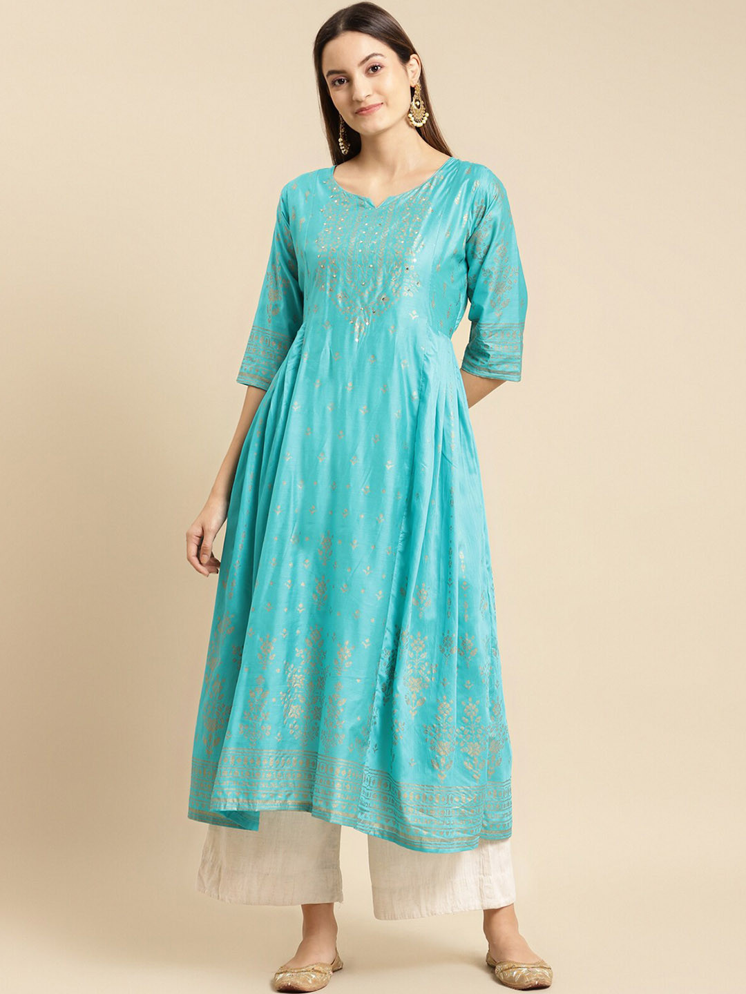 Rangita Kurta Donna Anarkali | Rosa In Rayon, Girocollo, Maniche 3/4, Ricamo Gotta Patti, Taglie Forti