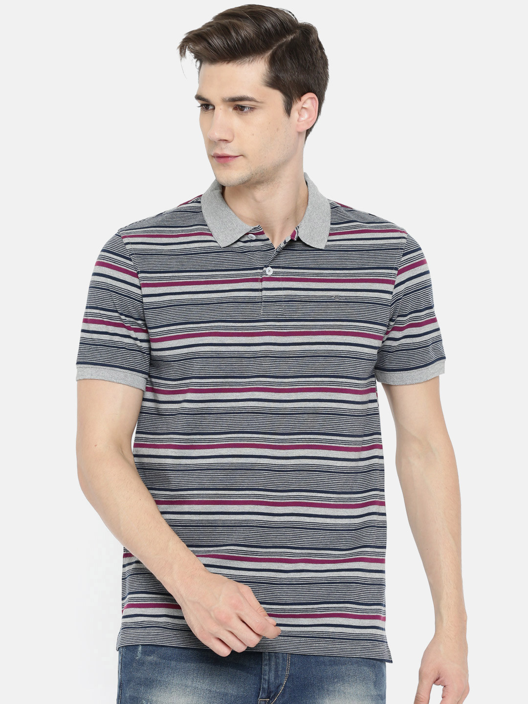 Buy Peter England Men Grey Striped Polo Collar T Shirt Tshirts for