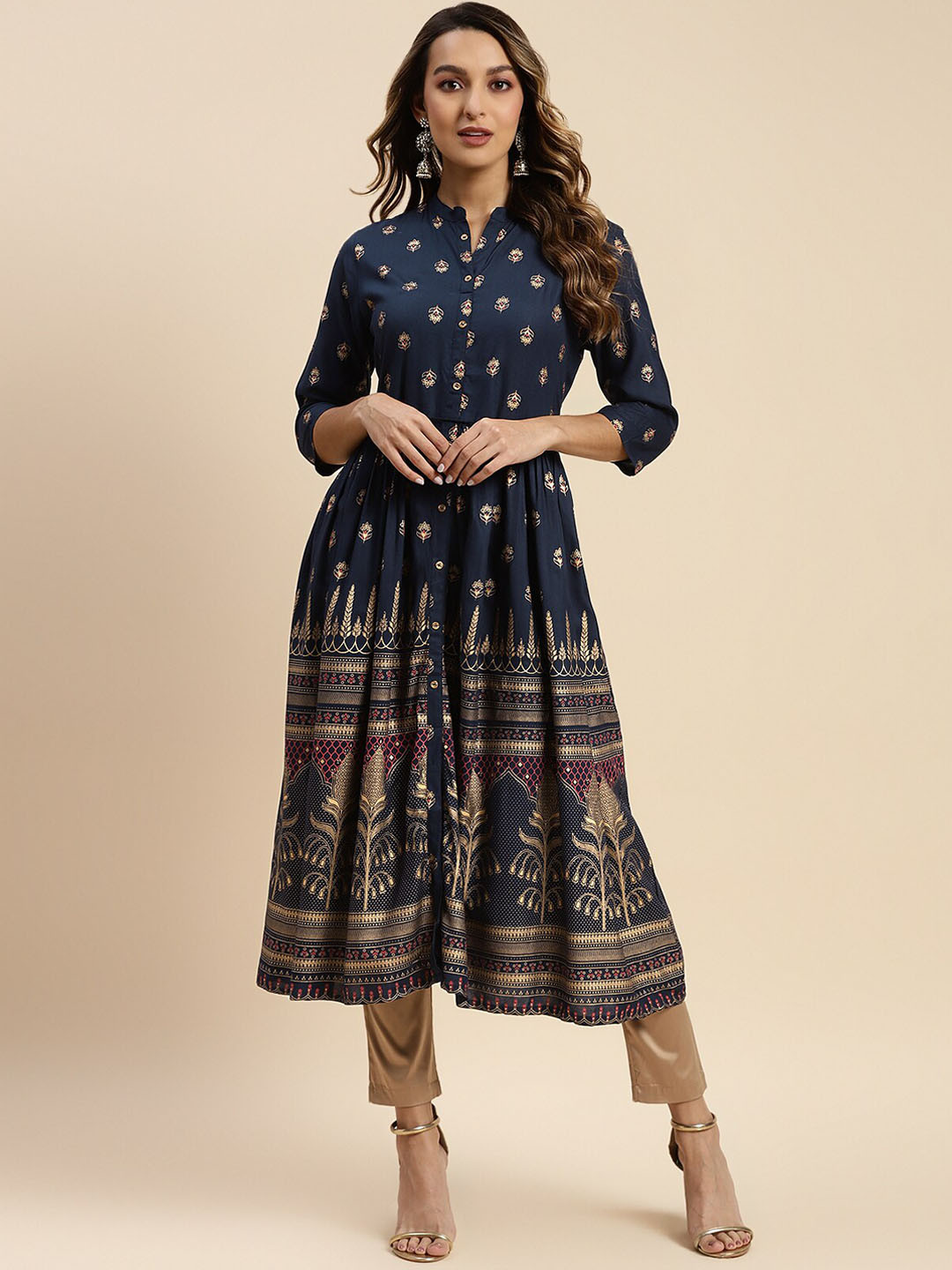 Buy Rangita Ethnic Motifs Printed Mandarin Collar Anarkali Kurta