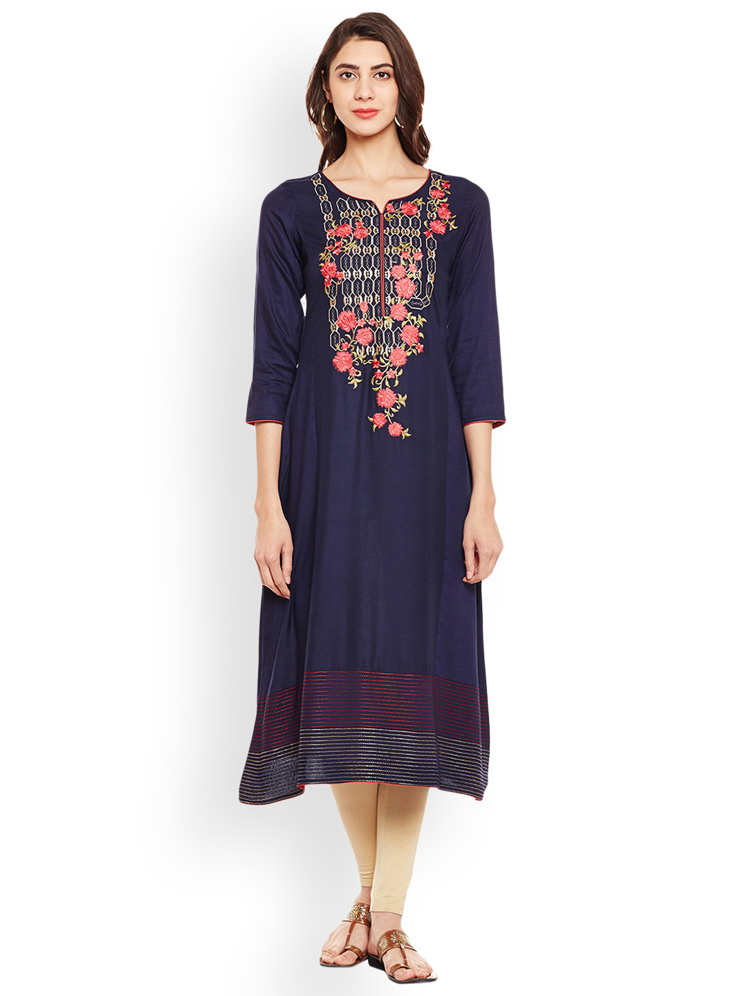 Buy Tissu Women Navy Blue Embroidered Straight Kurta Kurtas for Women