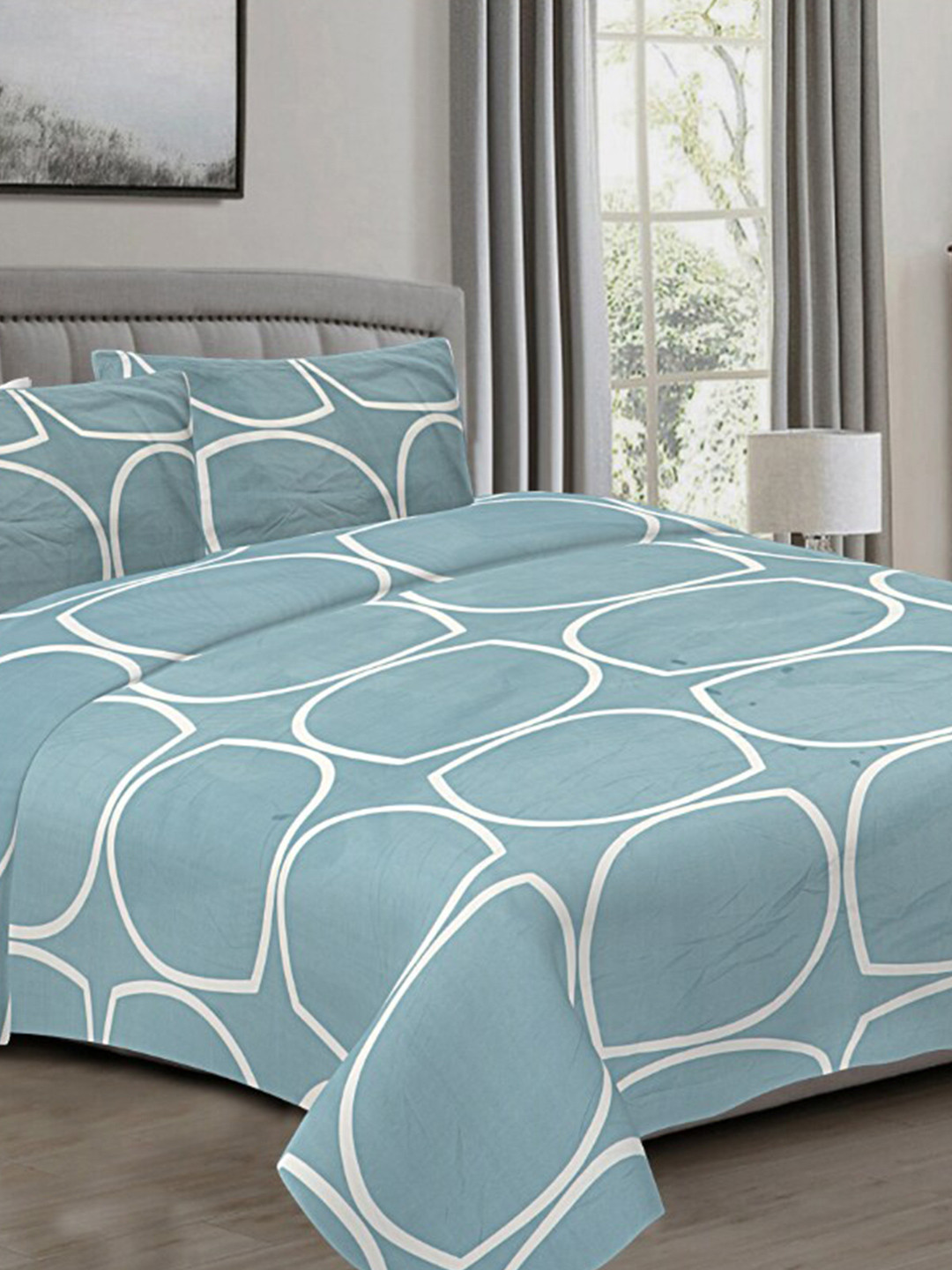 Buy INDHOME LIFE Blue Printed Pure Cotton Fitted 210 TC Queen Bedsheet