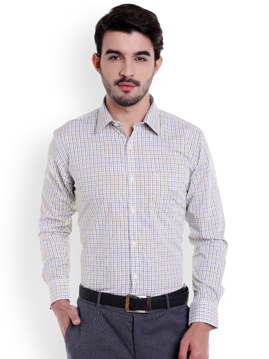 Buy DCot By Donear Men Yellow & Off White Slim Fit Checked Formal Shirt