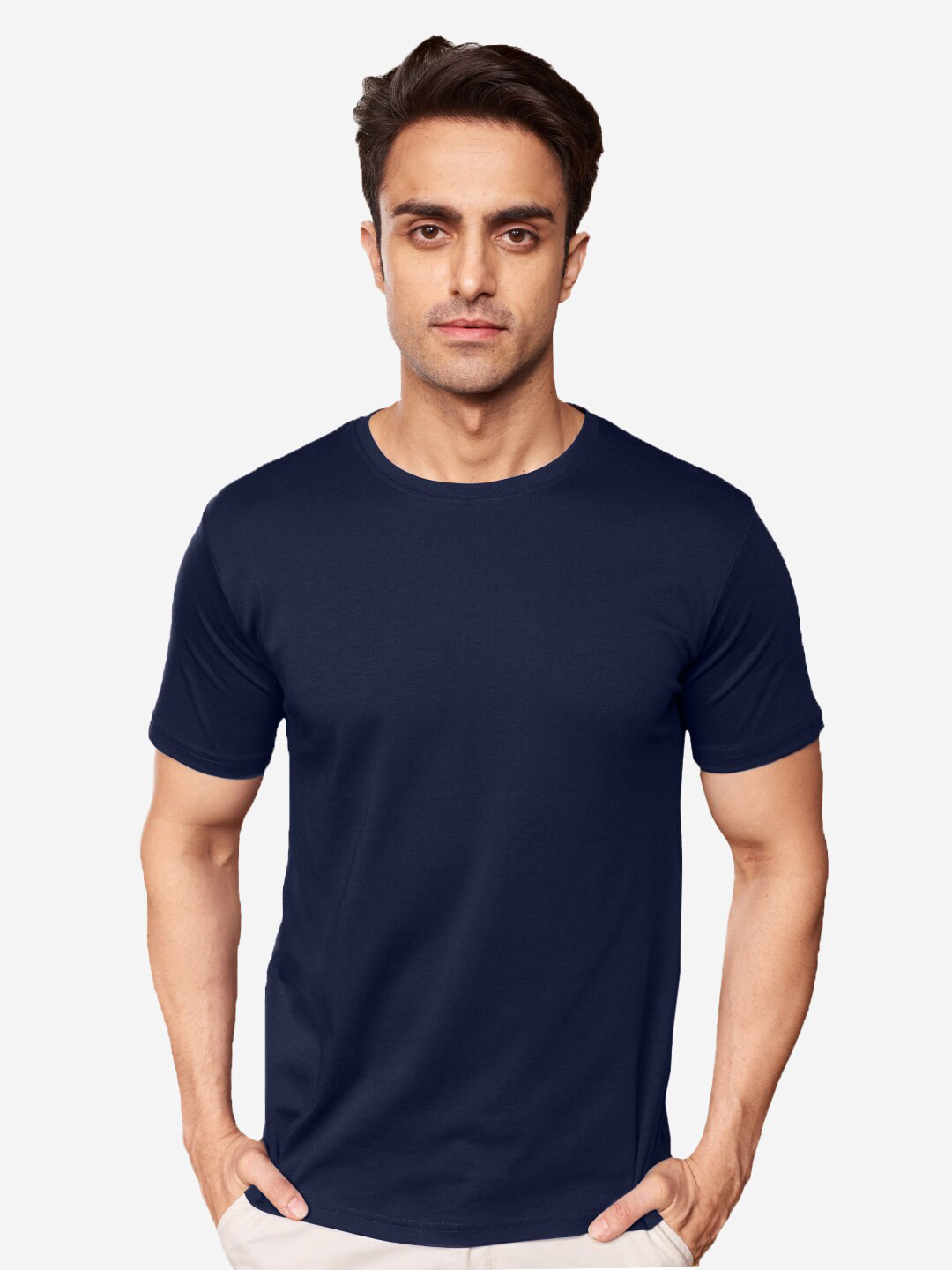 Buy The Souled Store Navy Blue Round Neck Pure Cotton Regular Fit T ...