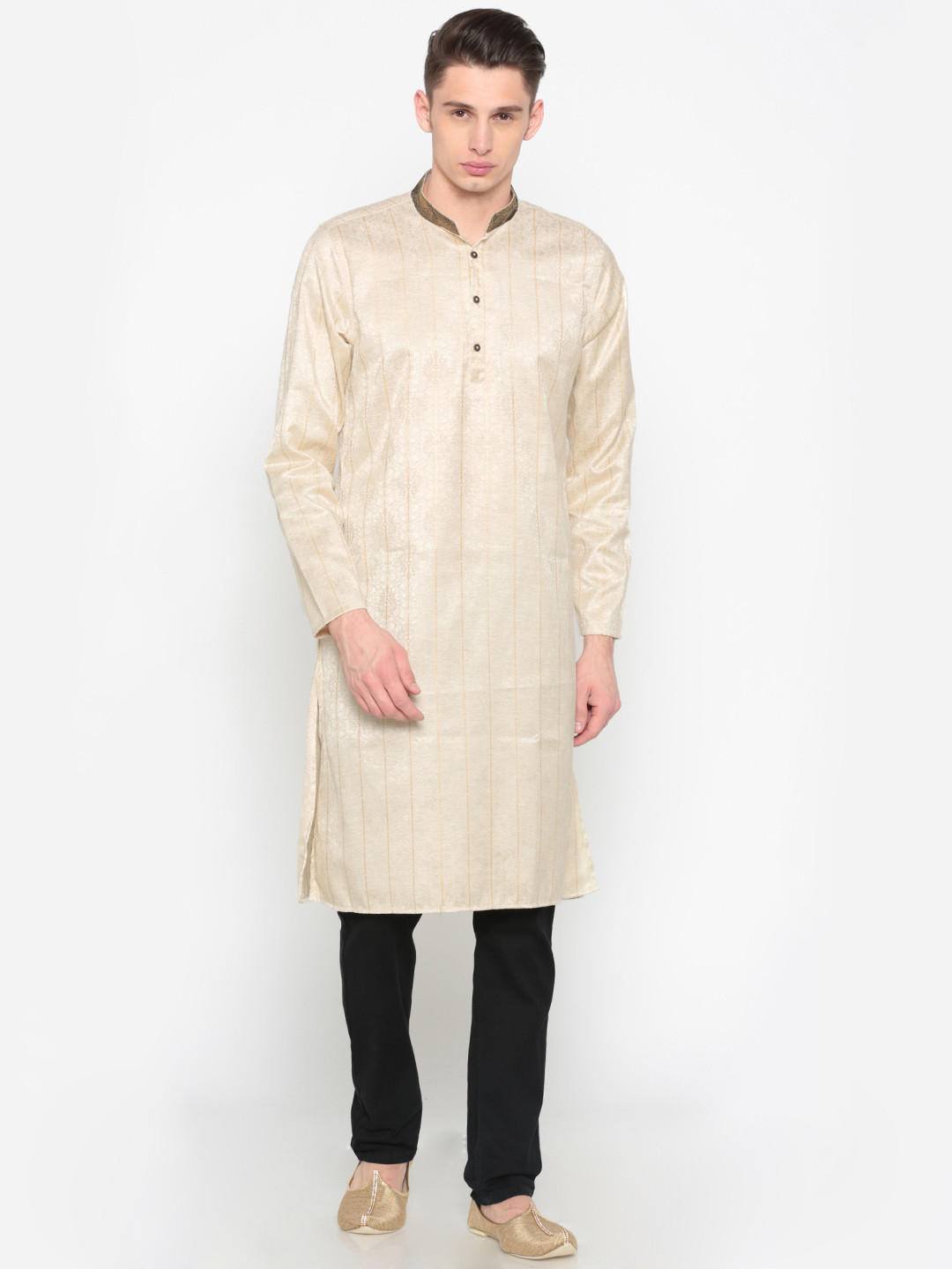 Buy British Club Men Gold Toned Woven Design Straight Kurta Kurtas