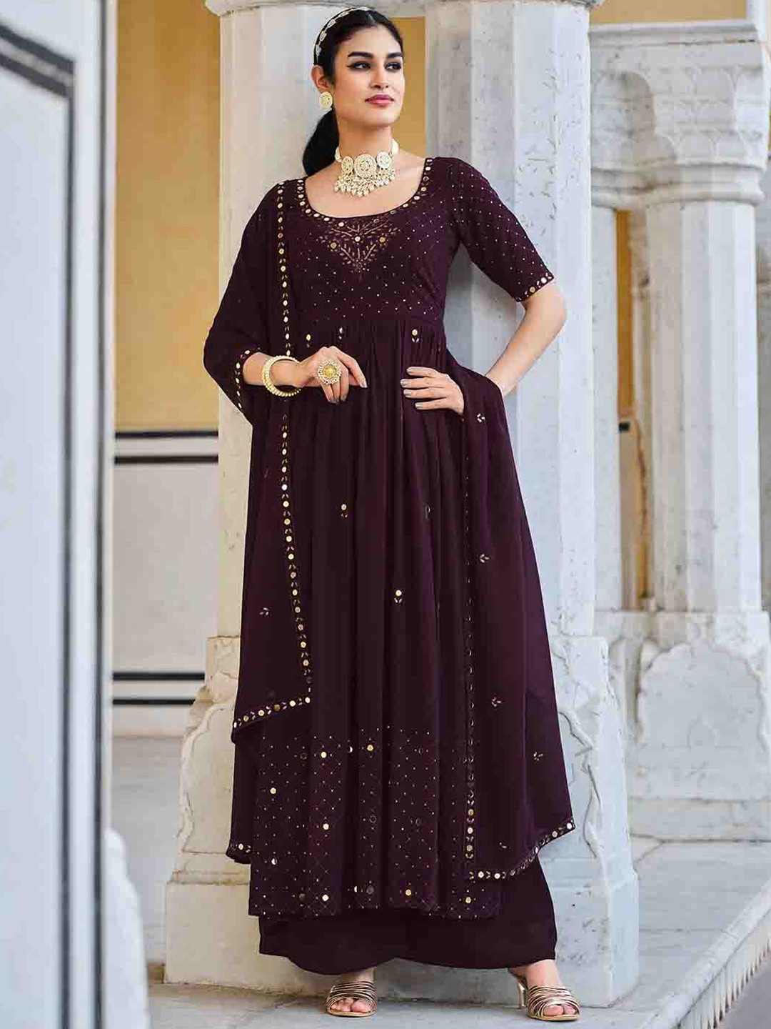 Women's Purple Ethnic Motifs Printed Beads and Stones Kurta Set with Dupatta
