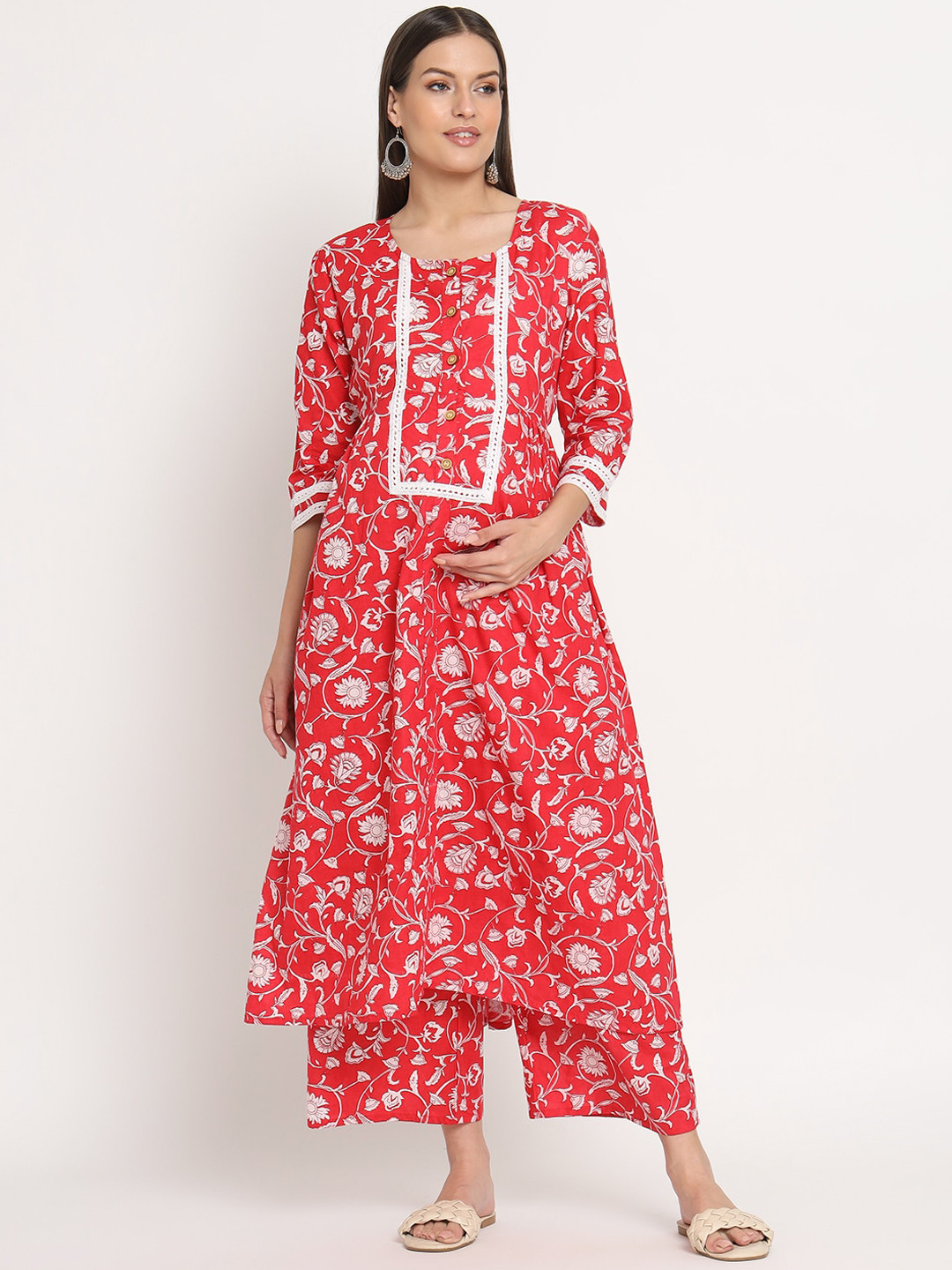 Buy Aujjessa Floral Printed Regular Pure Cotton Maternity Kurta With ...