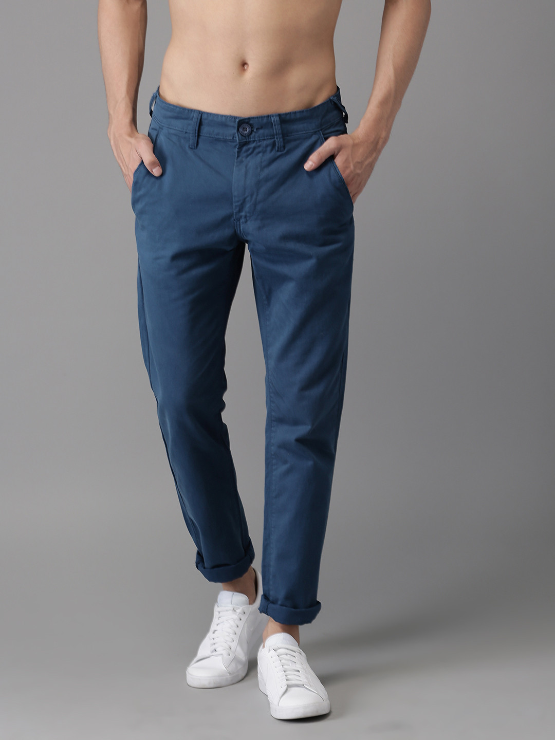 Buy HERE&NOW Men Blue Slim Fit Solid Chinos - Trousers for Men 2441442 ...