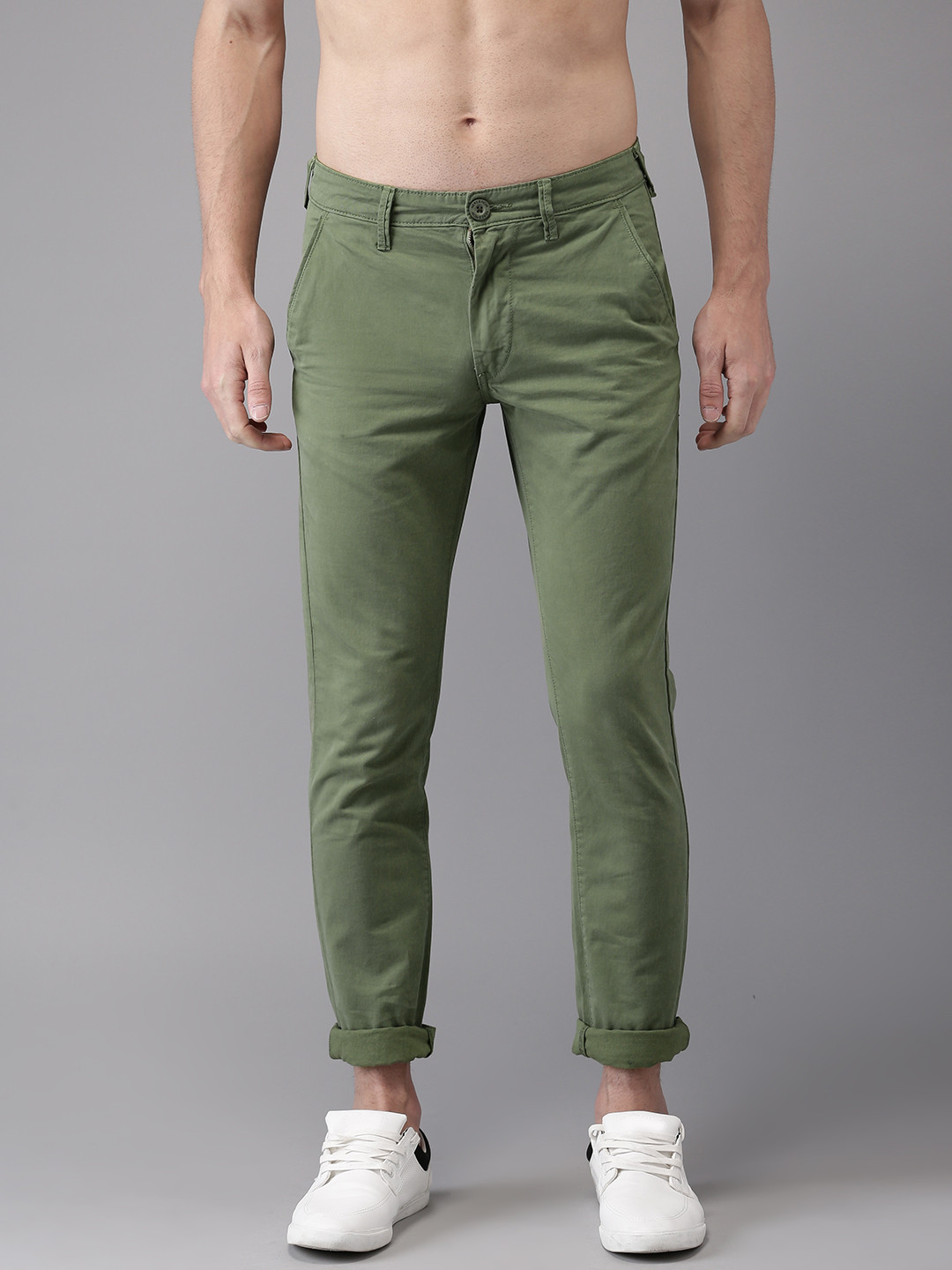 Buy HERE&NOW Men Olive Green Slim Fit Solid Chinos - Trousers for Men ...