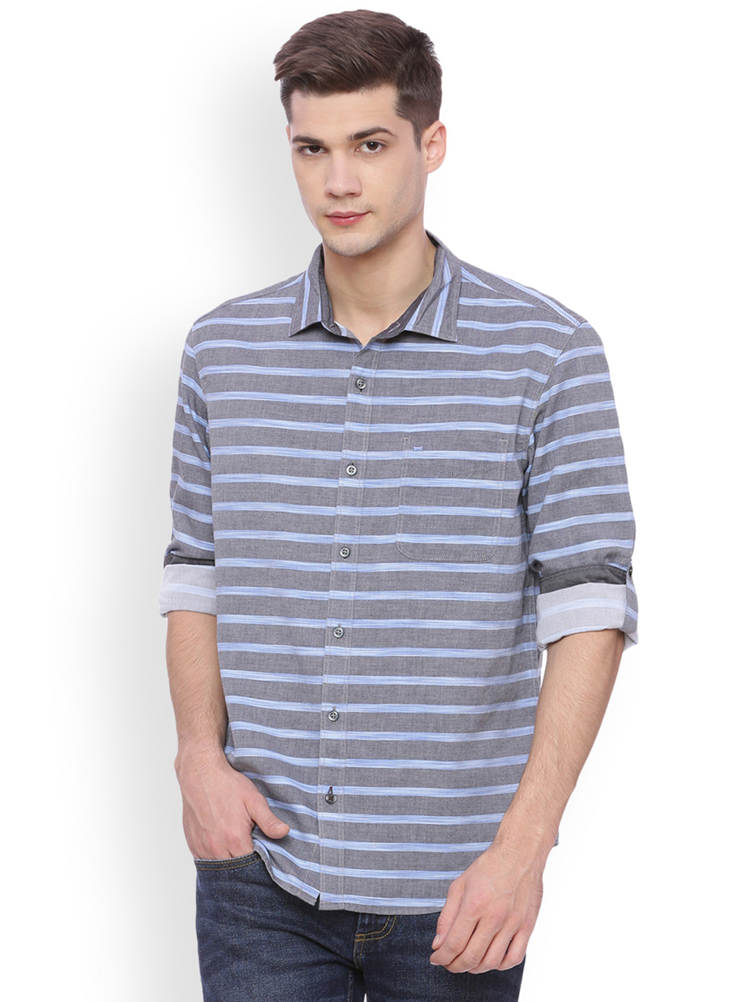 Men's Grey Graphic Slim Fit Casual Shirt