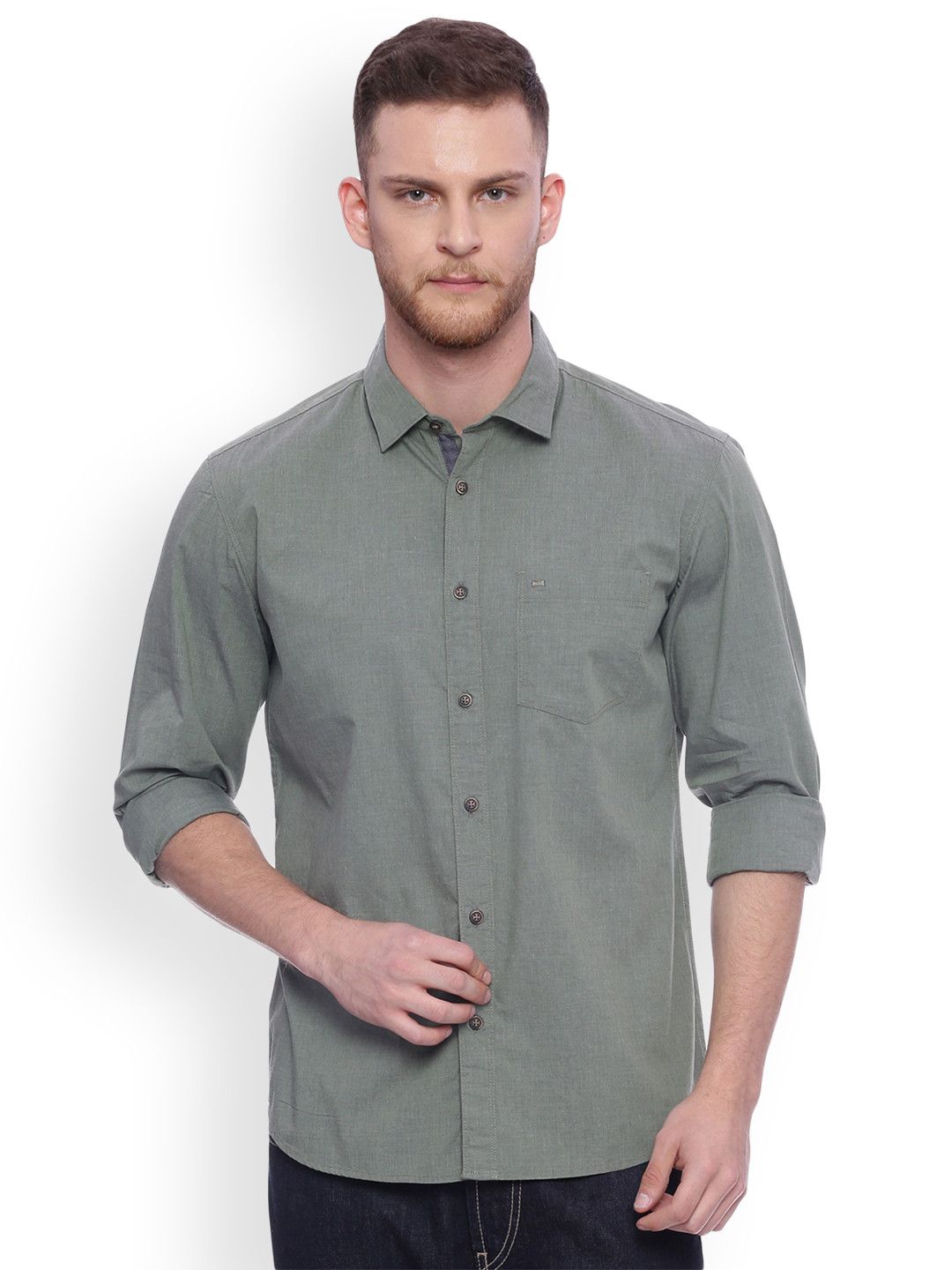 Buy Basics Men Green & Grey Slim Fit Solid Casual Shirt Shirts for