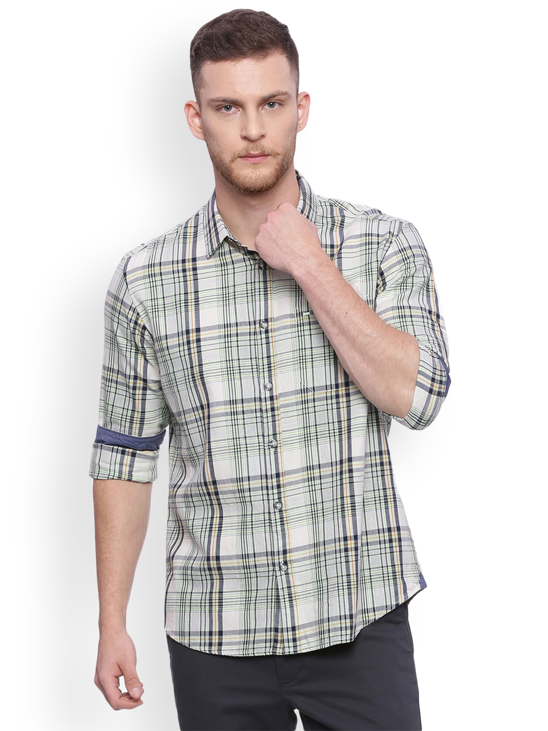 Buy Basics Men Green & White Slim Fit Checked Casual Shirt - Shirts for ...