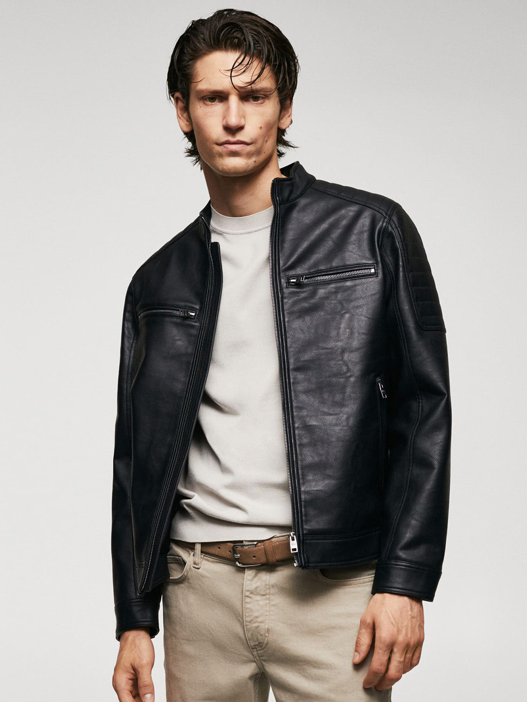 Mango Mens Black Sheep Leather Biker Jacket Size M DF002