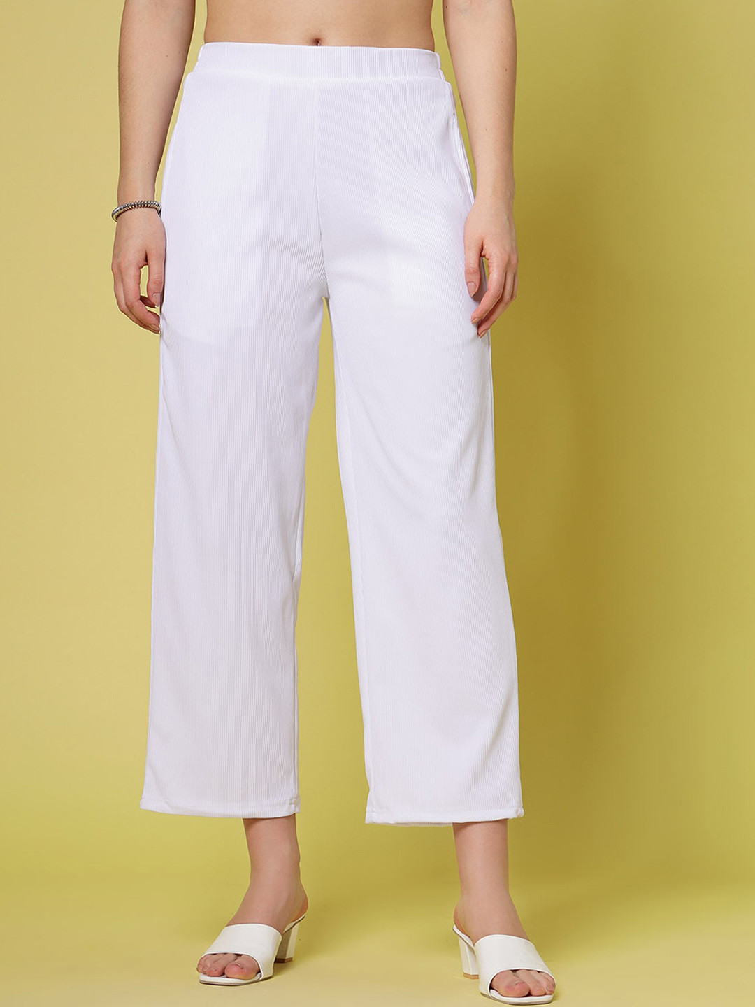 Buy PlusS WORX Women White Solid Parallel Trousers Trousers for Women