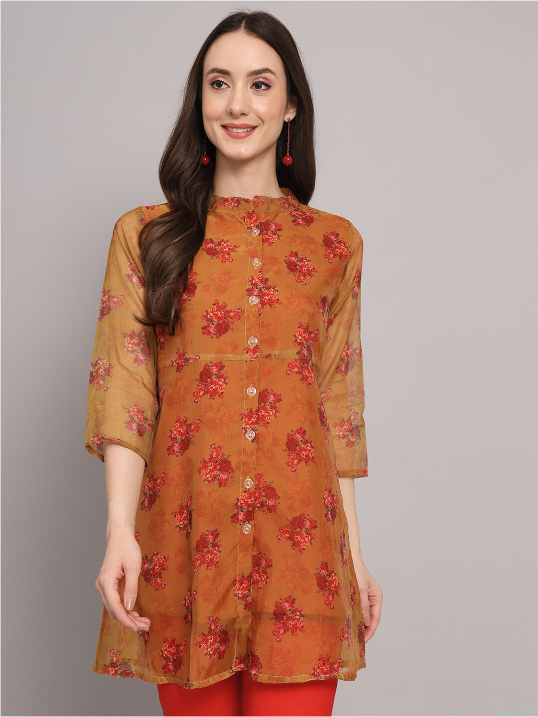 Buy Sangria Mustard Yellow & Red Floral Printed Straight Organza Short