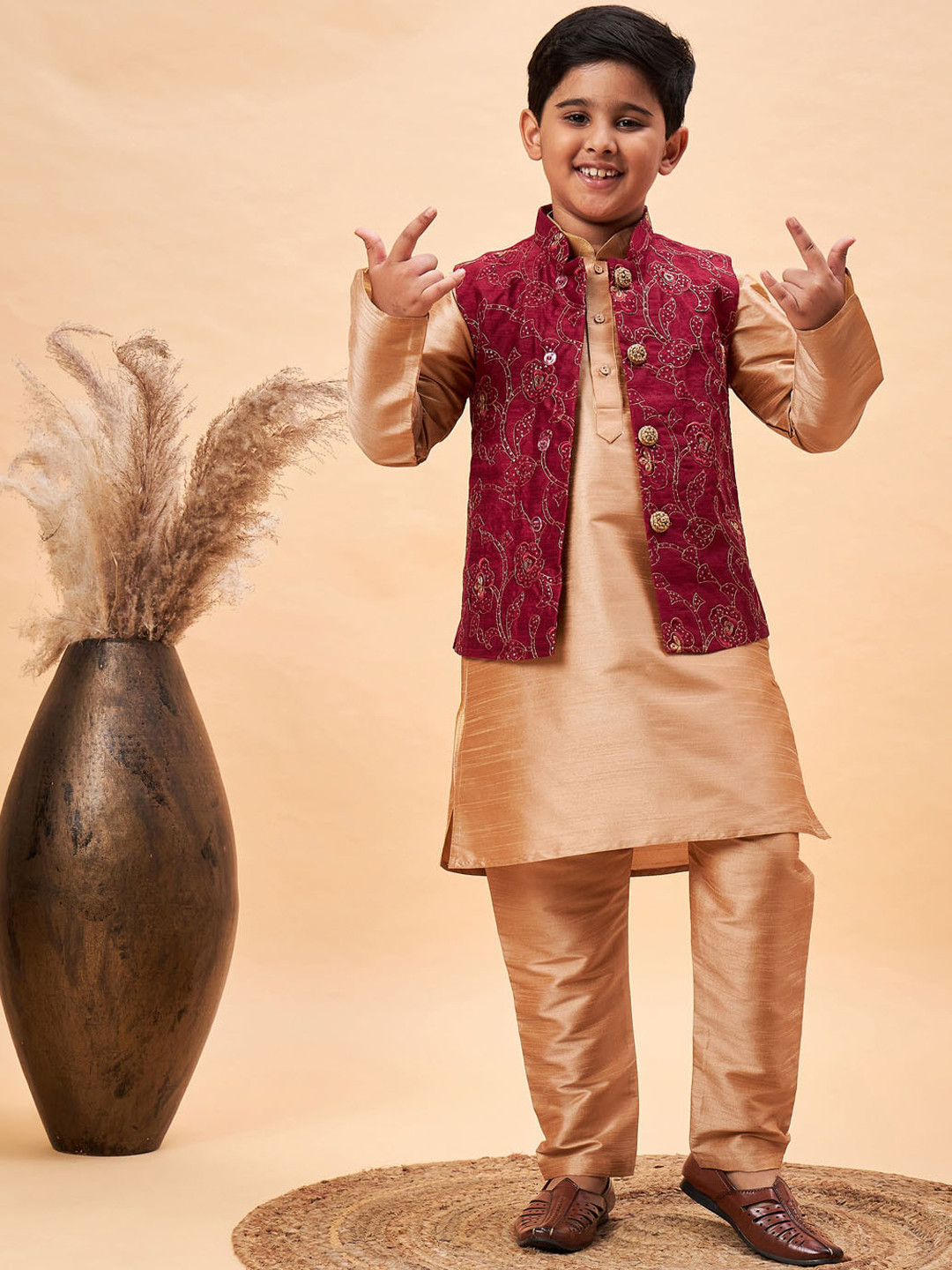 Boys Printed Pure Cotton Kurta With Pyjamas And Nehru Jacket