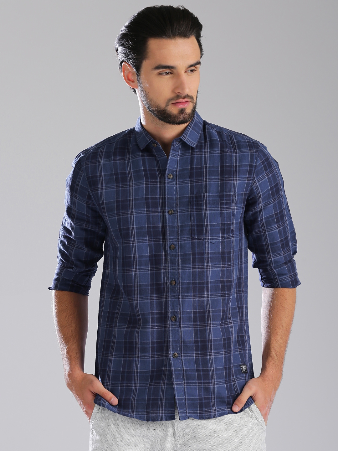 Buy Bossini Men Blue Slim Fit Checked Casual Shirt - Shirts for Men ...