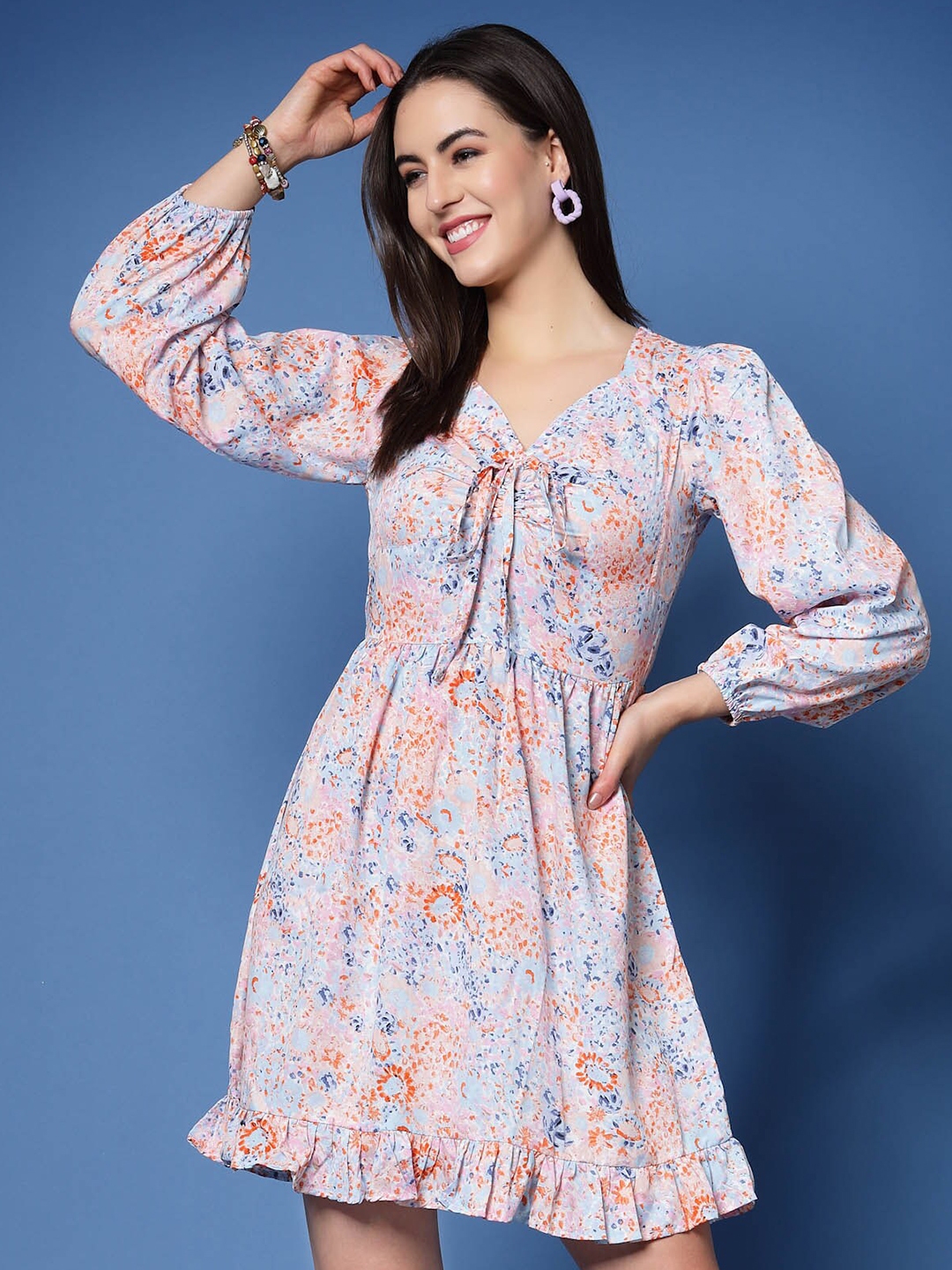 Buy PlusS Pink Floral Printed Tie Up Neck Puff Sleeve Fit & Flare Mini ...