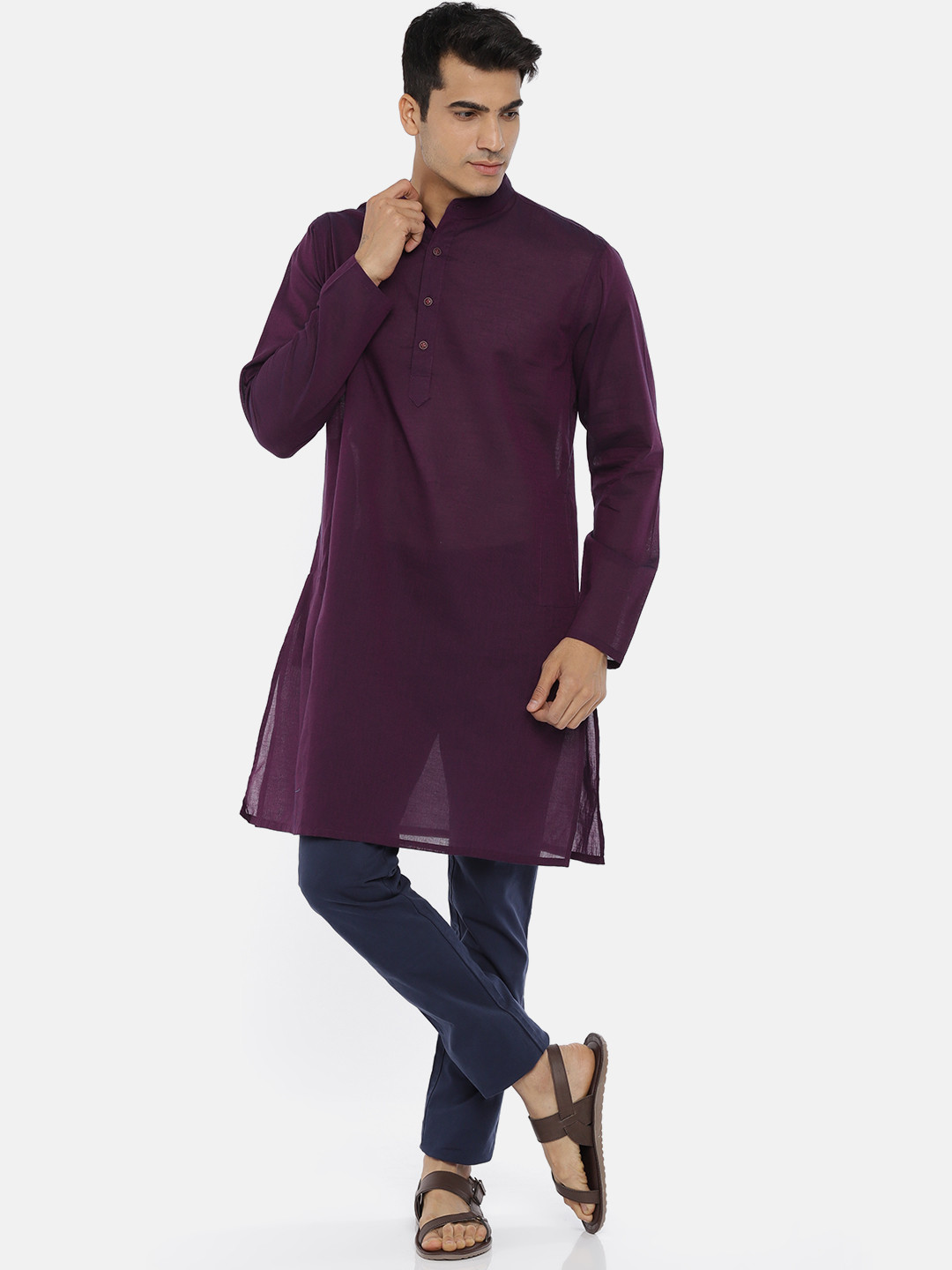 Men Purple & White Solid Pin-Tucks Kurta Only main image 0