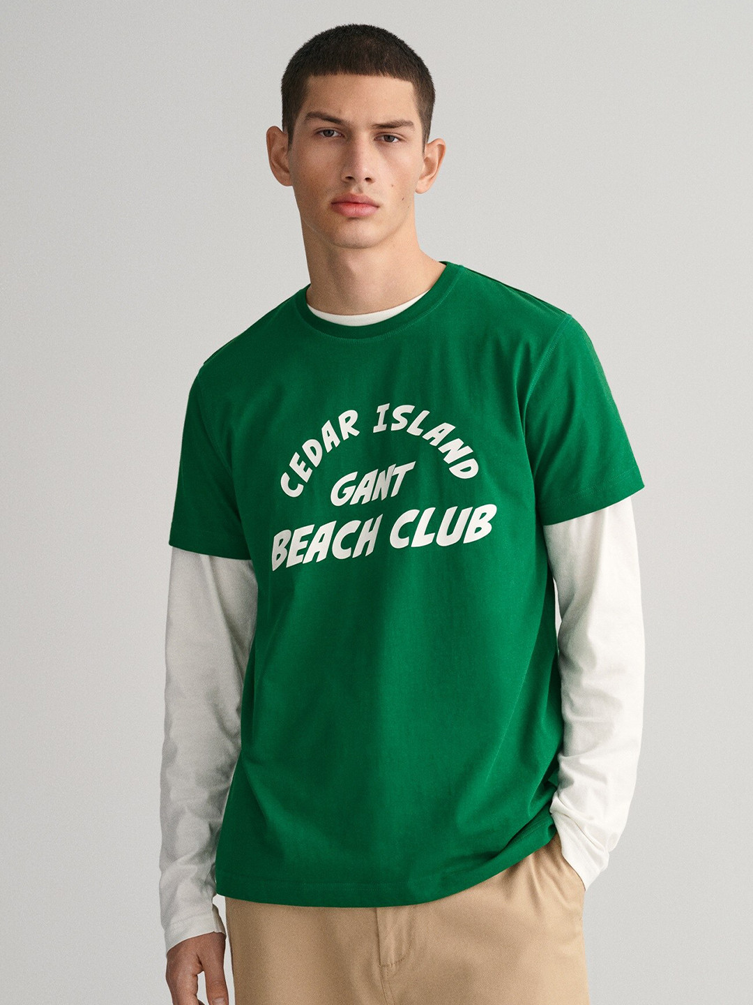 Gant Men Khaki Striped Round Neck Short Sleeves Tshirt