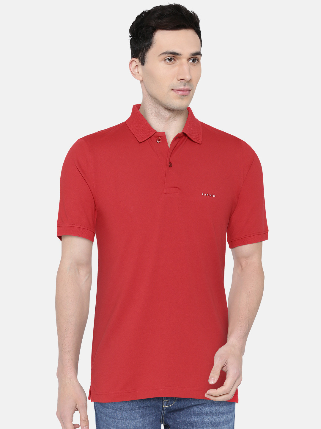Buy Van Heusen Men Red Solid Polo Collar T Shirt - Tshirts for Men ...