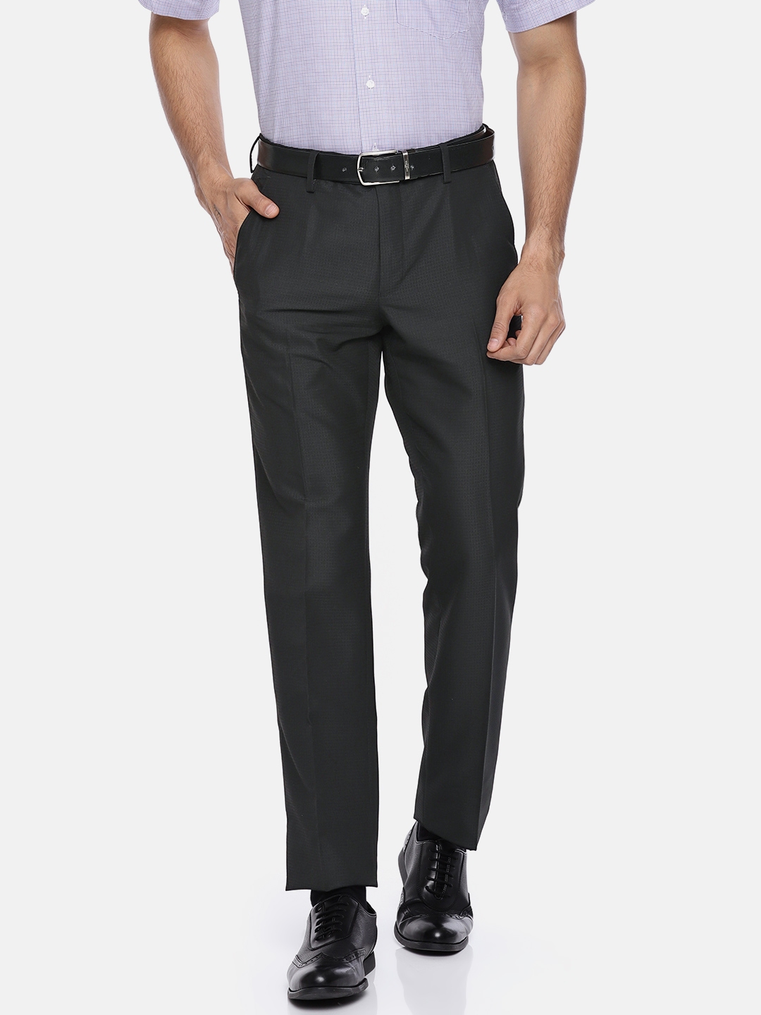 Buy Van Heusen Men Black Slim Fit Self Design Formal Trousers ...