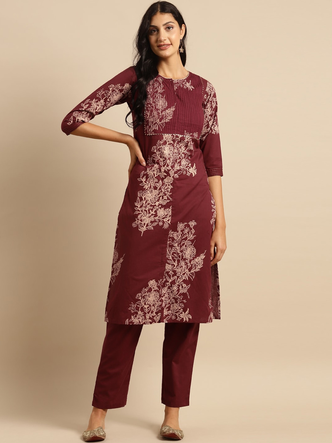 Buy Sangria Floral Printed Pure Cotton Straight Kurta With Trouser ...