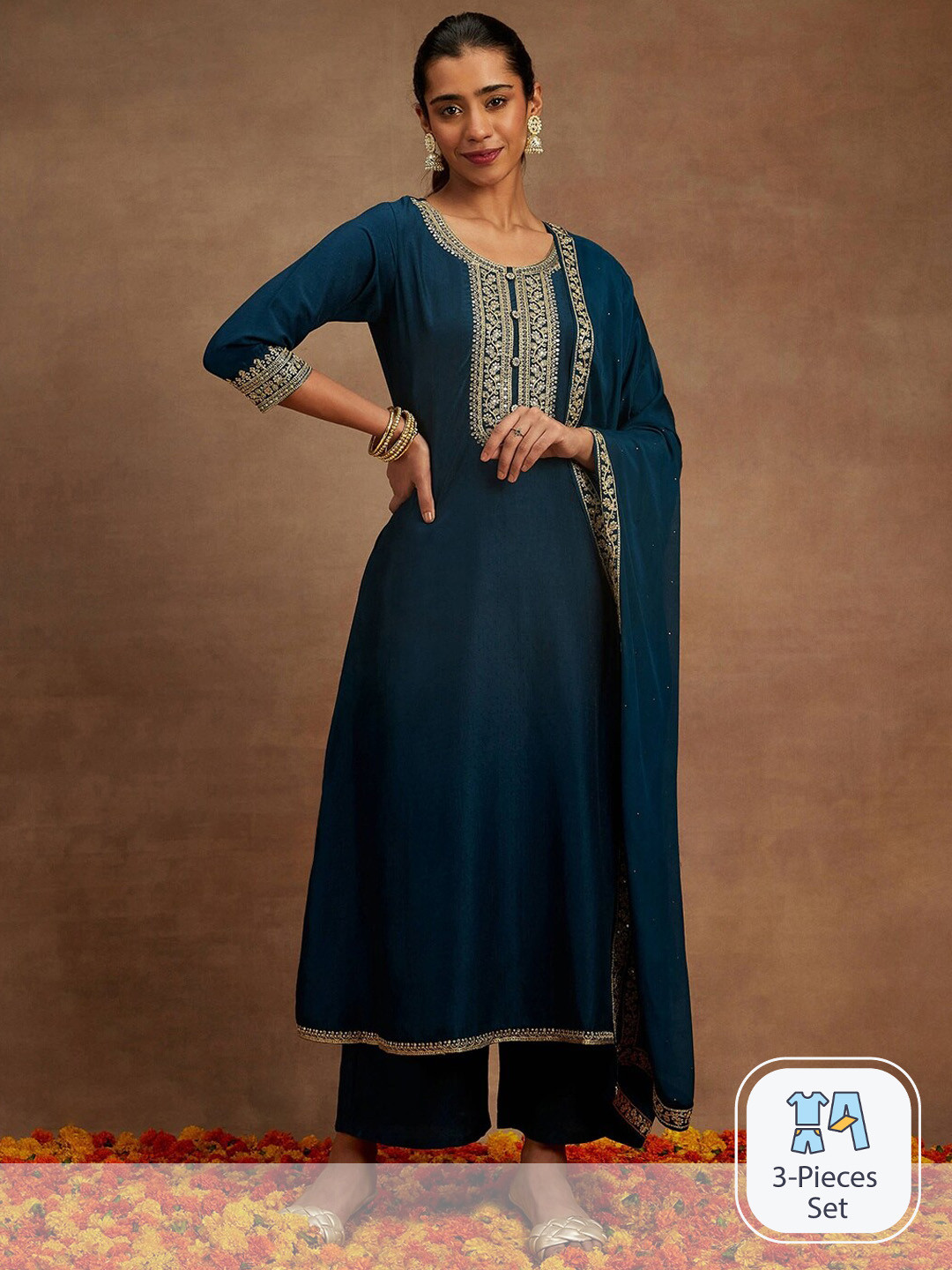 Plus Size Teal Embroidered Straight Kurta Set With Dupatta